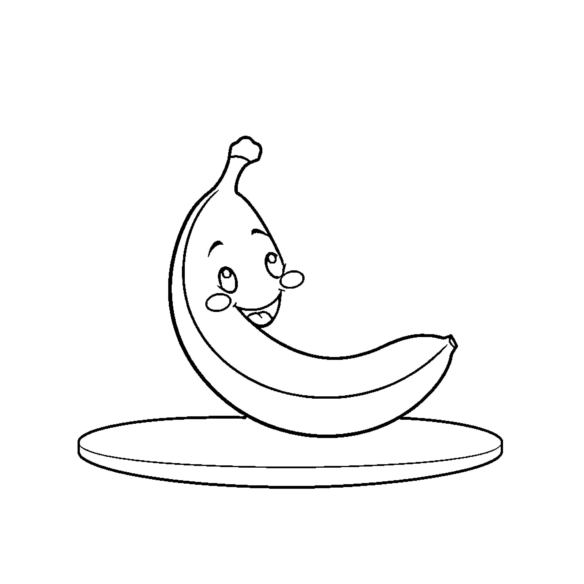 Banana character smiling on pedestal Coloring Page (free black-and-white line drawing printable PDF for all, from beginners to advanced learners, including children, teens, adults, and seniors)