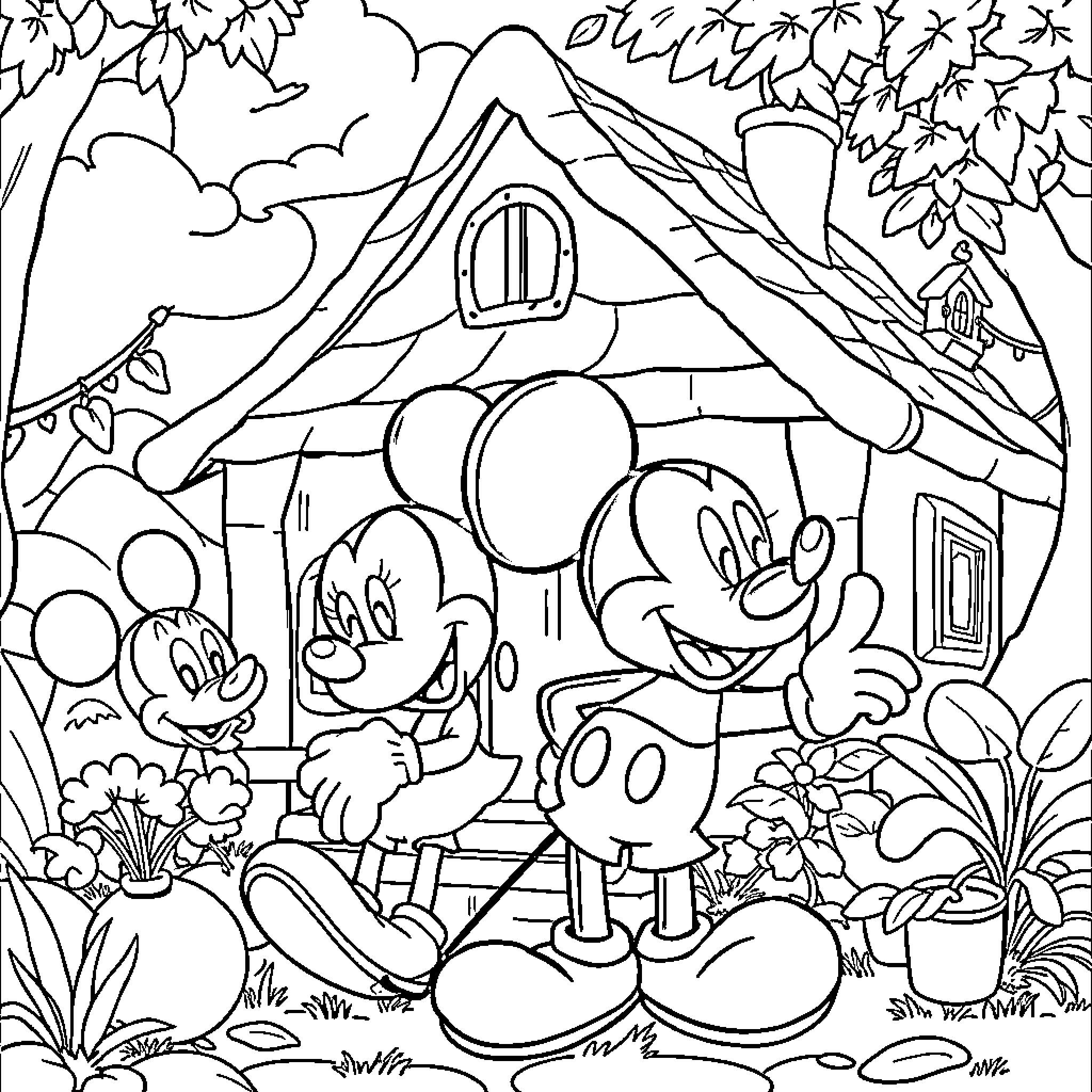 Mickey Mouse and Friends Explore Whimsical Cottage Coloring Page (free black-and-white line drawing printable PDF for all, from beginners to advanced learners, including children, teens, adults, and seniors)