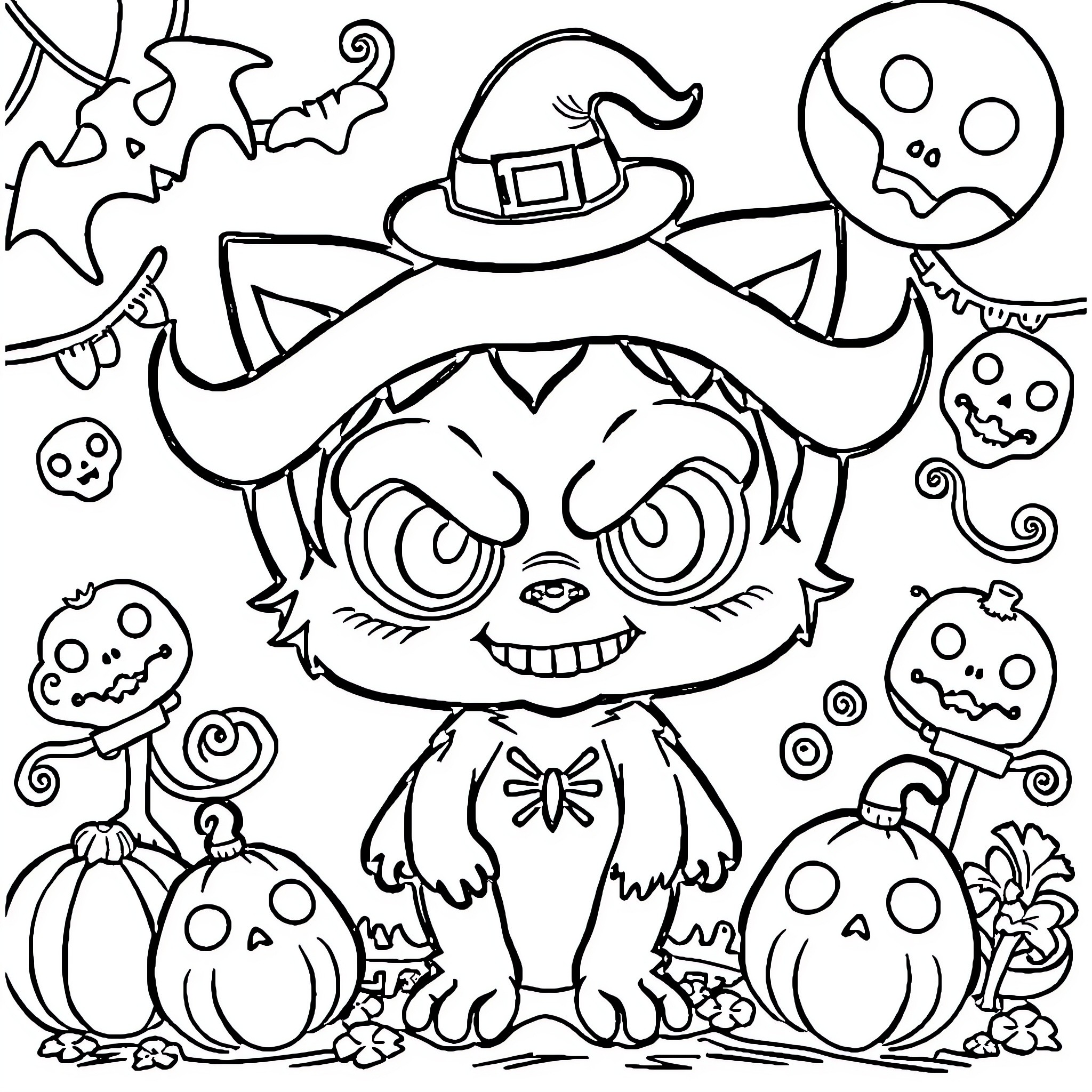 Creepy Kawaii Halloween Party Coloring Page (free black-and-white line drawing printable PDF for all, from beginners to advanced learners, including children, teens, adults, and seniors)