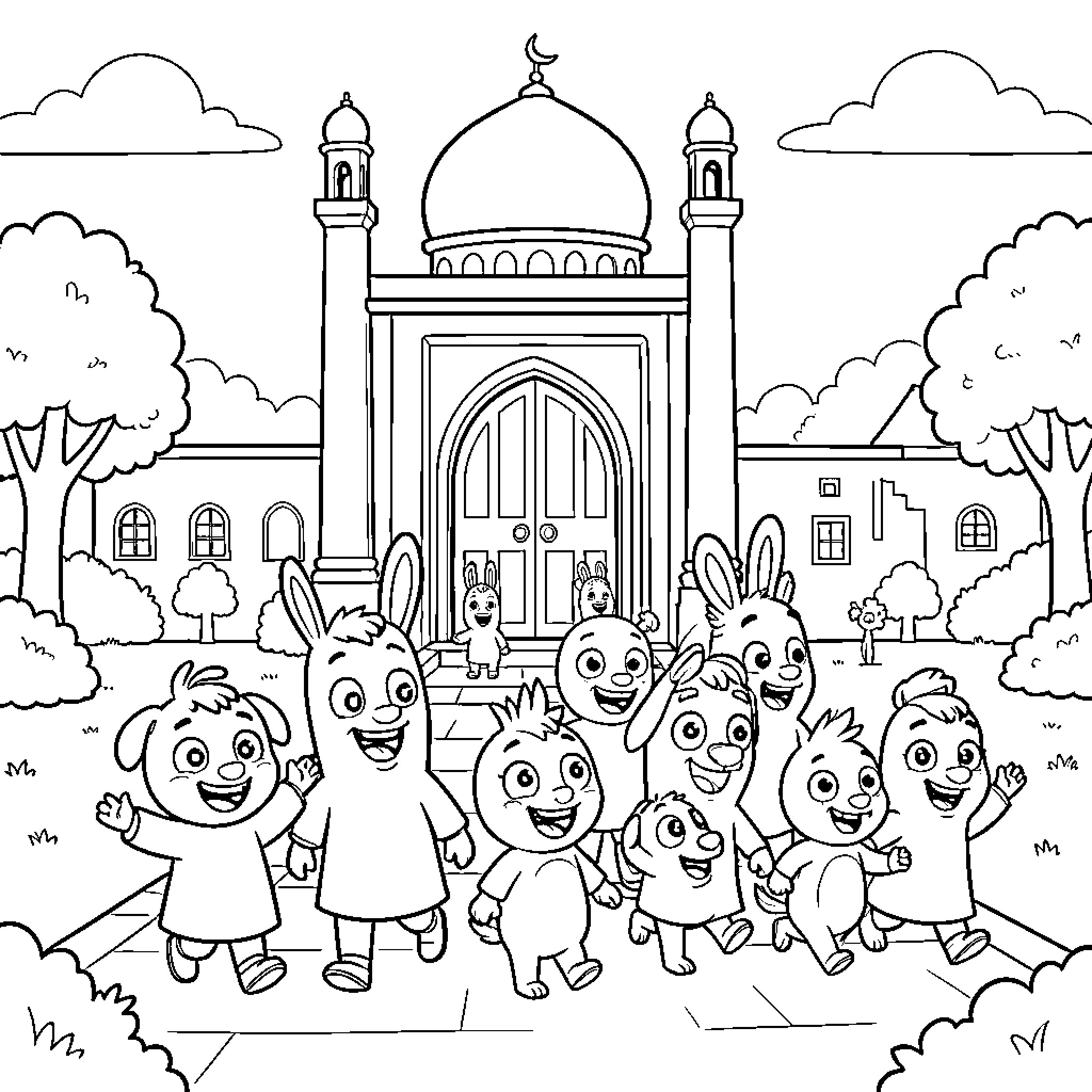 Bluey and friends walking joyfully near a mosque Coloring Page (free black-and-white line drawing printable PDF for all, from beginners to advanced learners, including children, teens, adults, and seniors)
