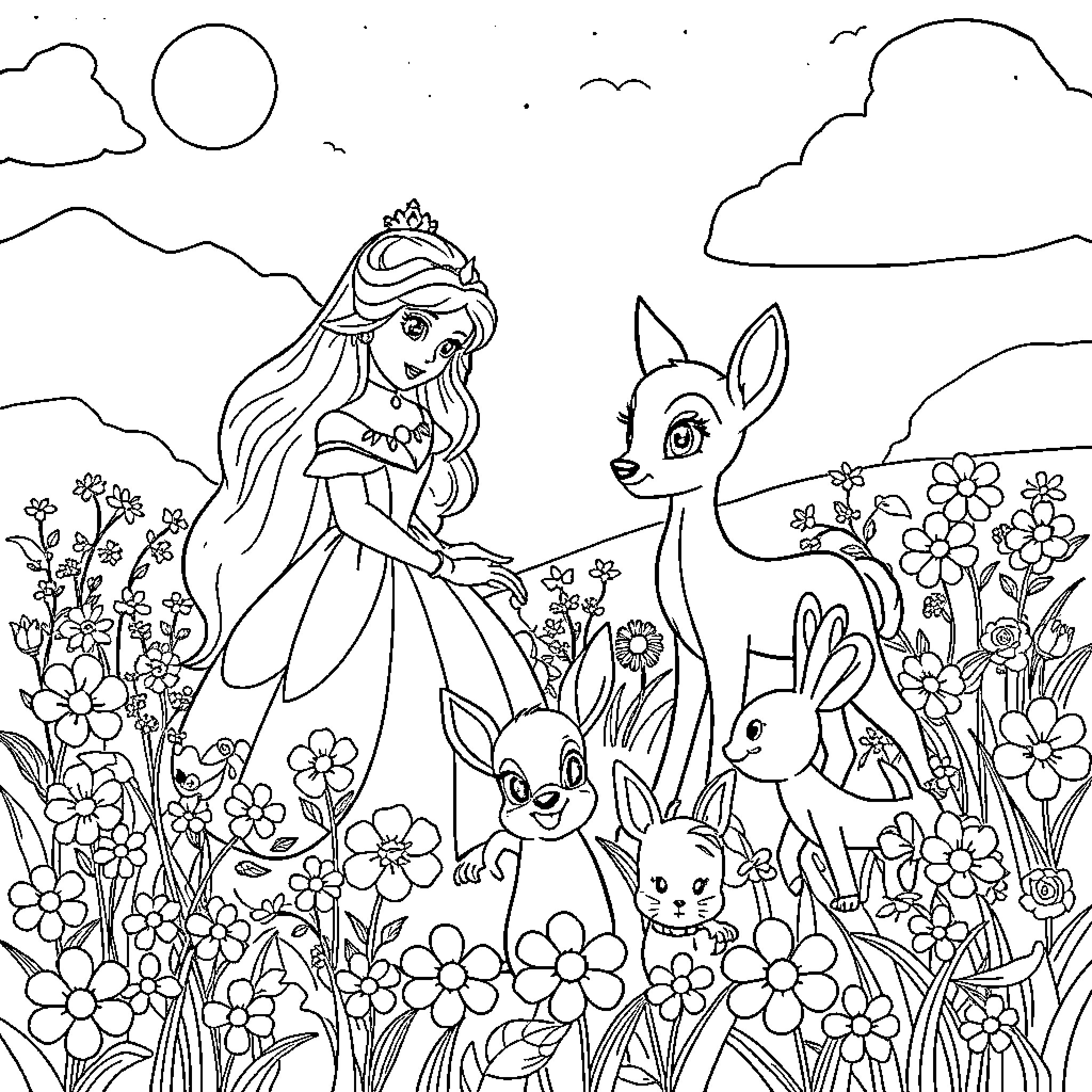 Princess embracing woodland creatures in a floral garden Coloring Page (free black-and-white line drawing printable PDF for all, from beginners to advanced learners, including children, teens, adults, and seniors)