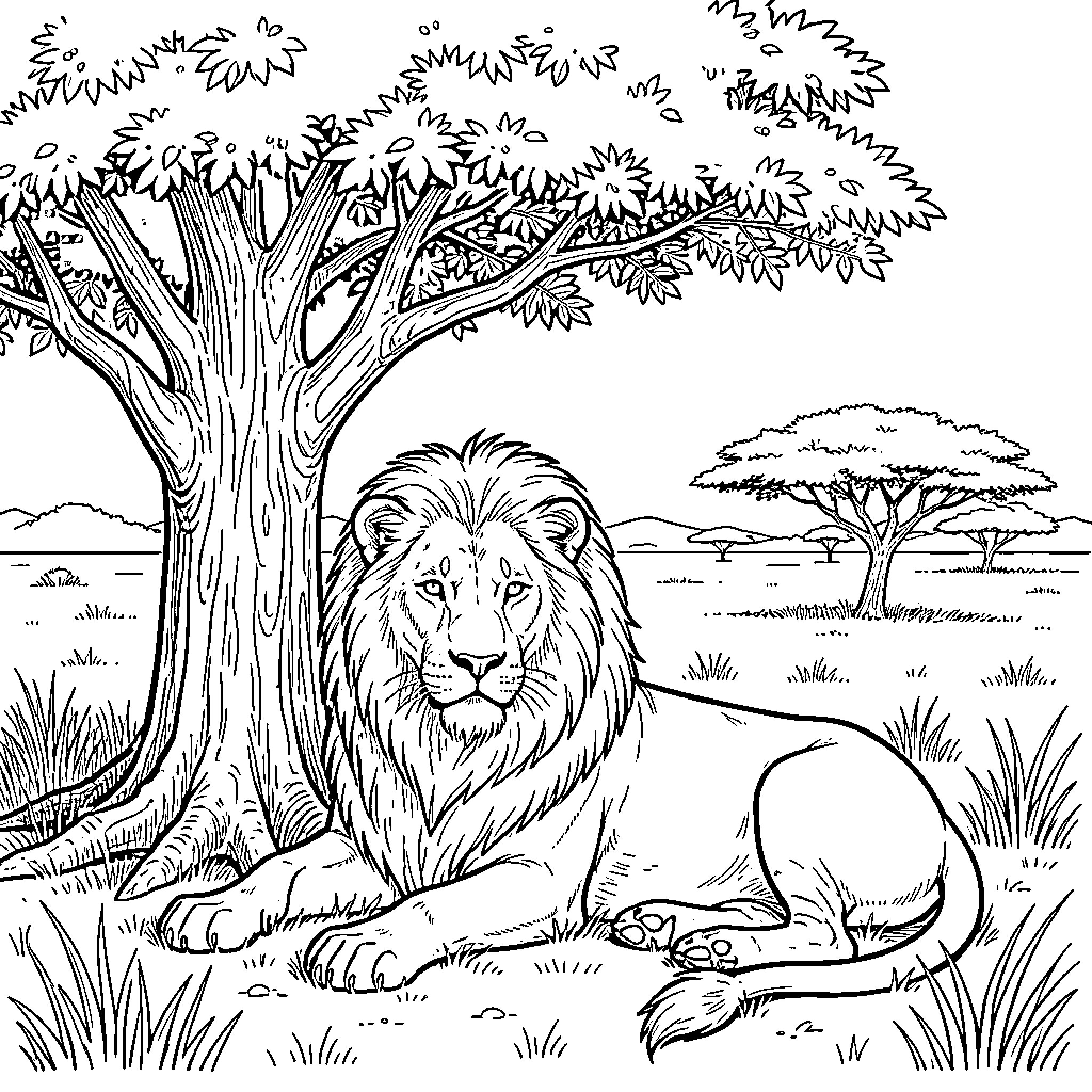 Lion resting peacefully in the African savanna Coloring Page (free black-and-white line drawing printable PDF for all, from beginners to advanced learners, including children, teens, adults, and seniors)