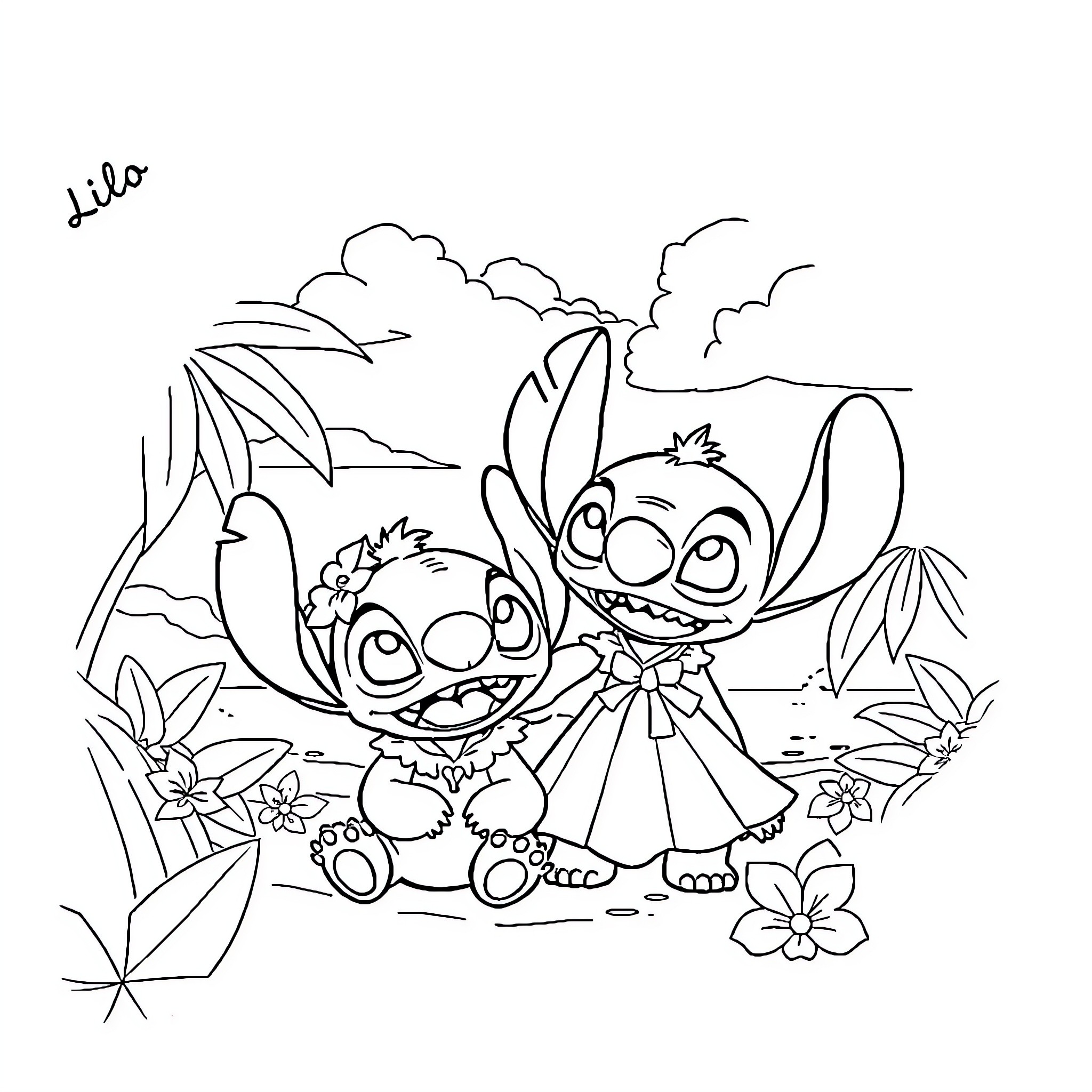 Lilo And Stitch enjoying nature and flowers Coloring Page (free black-and-white line drawing printable PDF for all, from beginners to advanced learners, including children, teens, adults, and seniors)