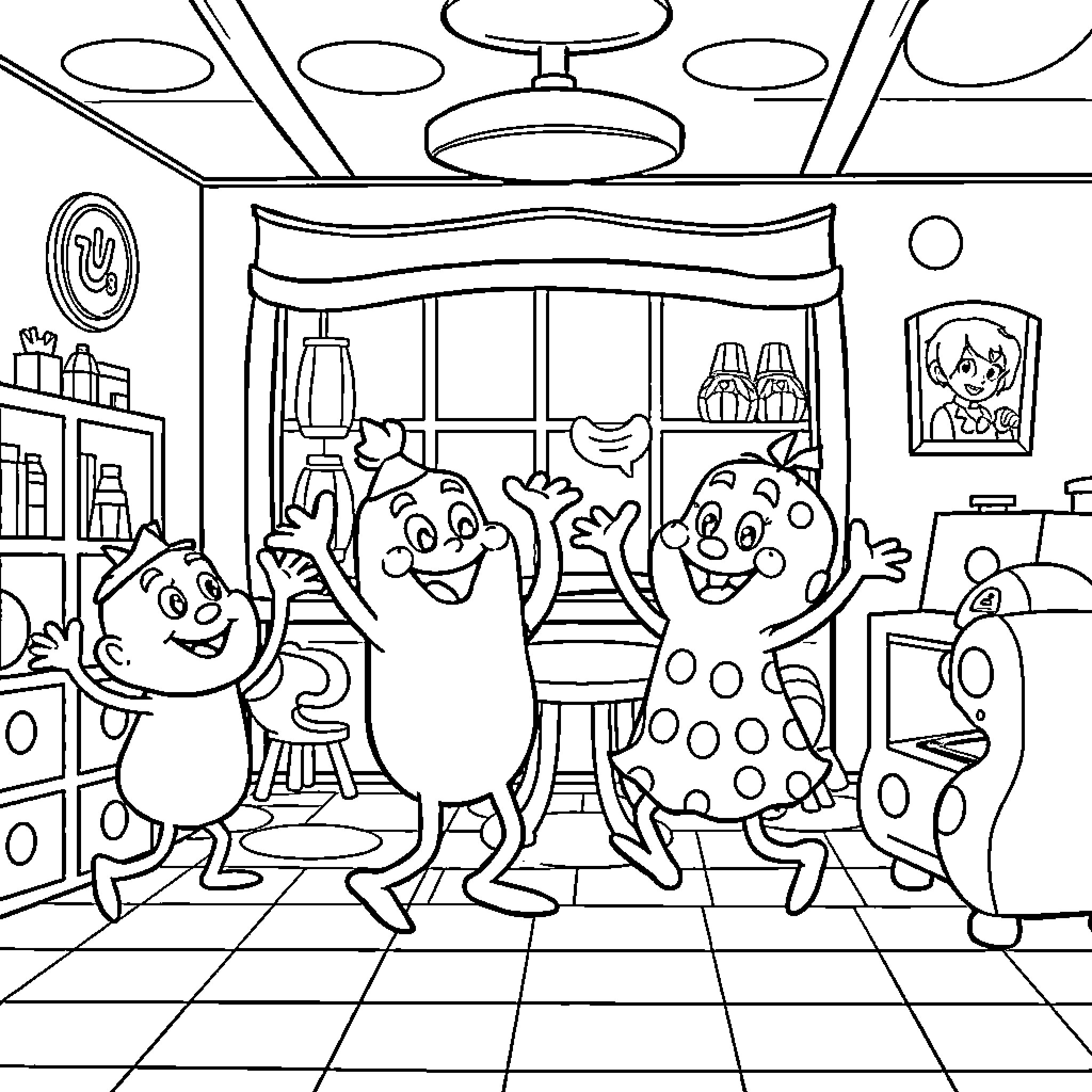 Gabby and friends enjoying a fun day Coloring Page (free black-and-white line drawing printable PDF for all, from beginners to advanced learners, including children, teens, adults, and seniors)