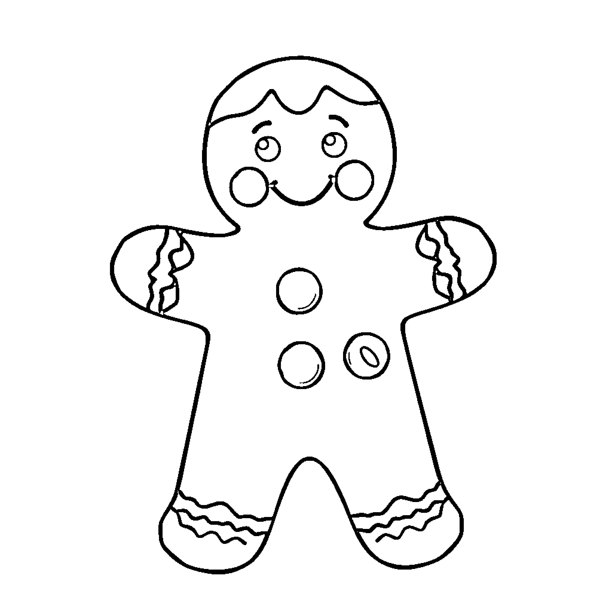 Gingerbread Man with Cheerful Expression Coloring Page (free black-and-white line drawing printable PDF for all, from beginners to advanced learners, including children, teens, adults, and seniors)