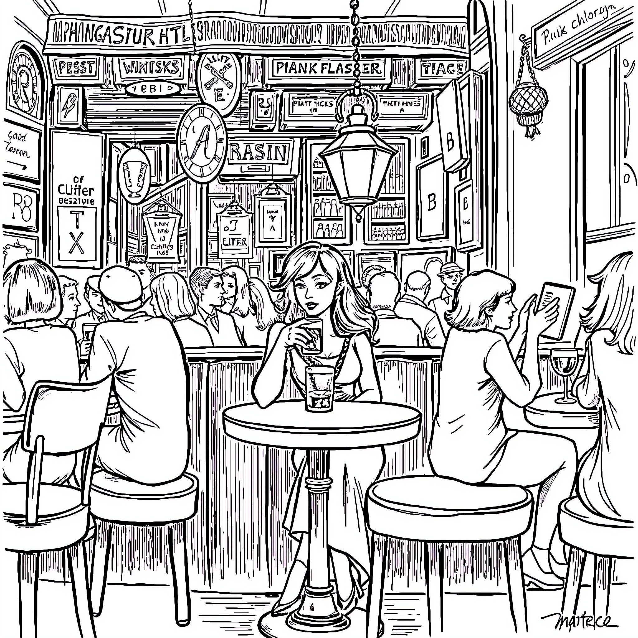 Lady in Cafe Enjoying Drinks with Friends Coloring Page (free black-and-white line drawing printable PDF for all, from beginners to advanced learners, including children, teens, adults, and seniors)