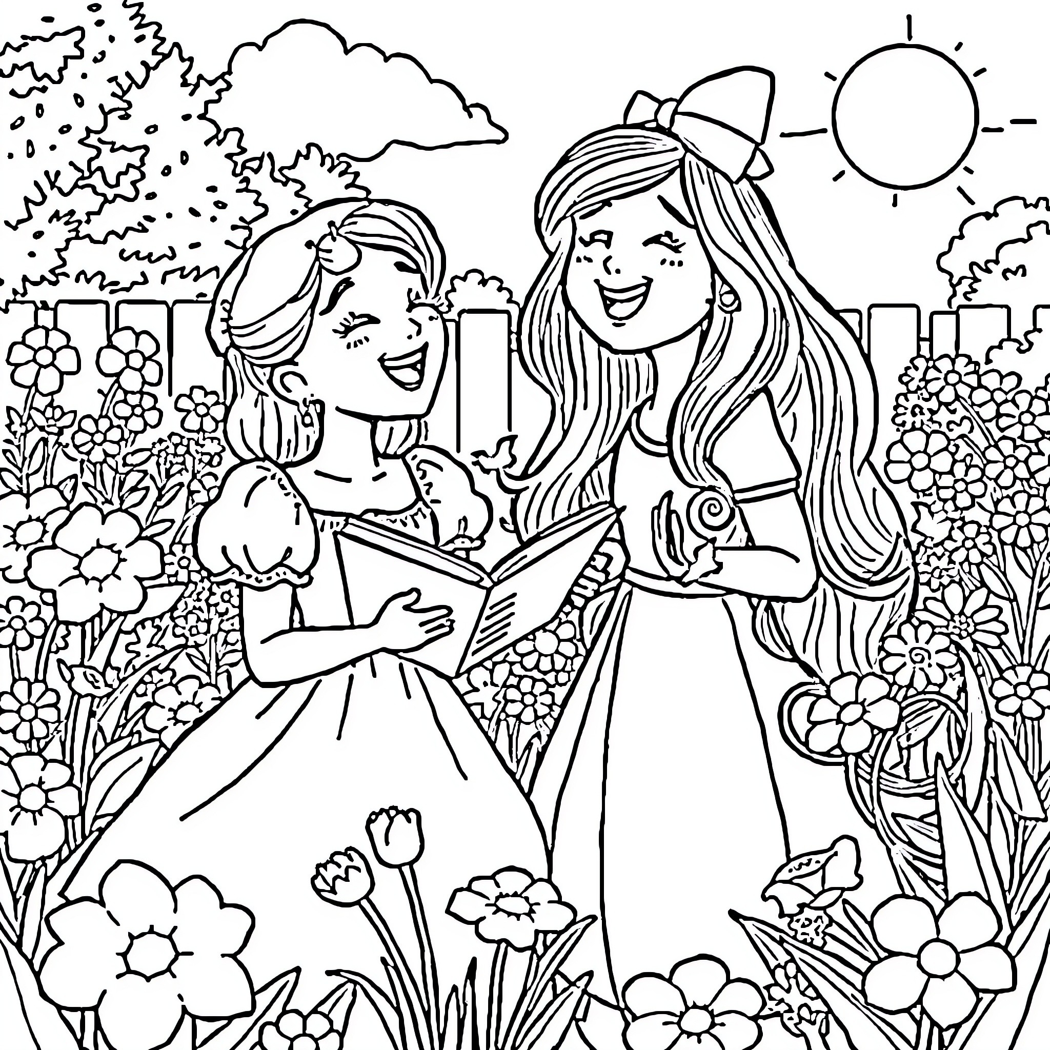 Marie's Joyful Garden Adventure Coloring Page (free black-and-white line drawing printable PDF for all, from beginners to advanced learners, including children, teens, adults, and seniors)