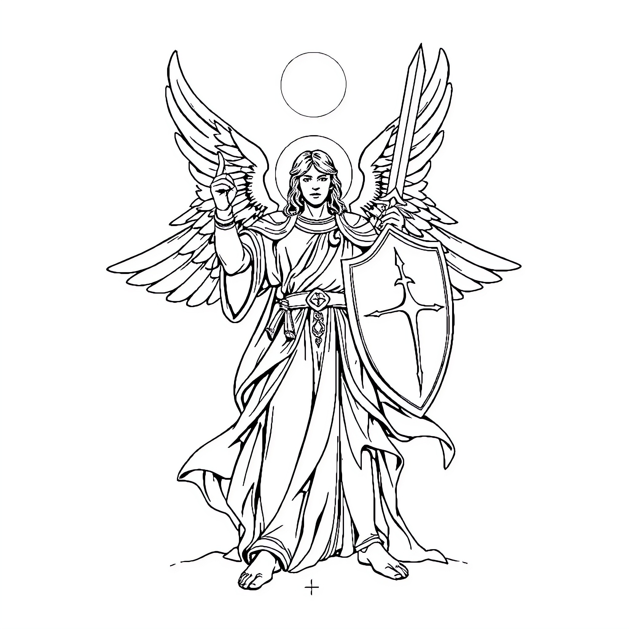 St Michael the Archangel in Majestic Attire Coloring Page (free black-and-white line drawing printable PDF for all, from beginners to advanced learners, including children, teens, adults, and seniors)