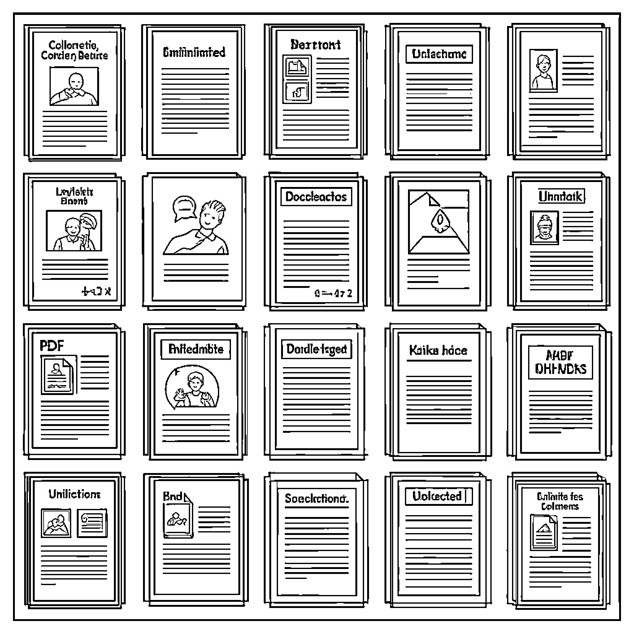 PDF Document Folders with Various Titles Coloring Page (free black-and-white line drawing printable PDF for all, from beginners to advanced learners, including children, teens, adults, and seniors)