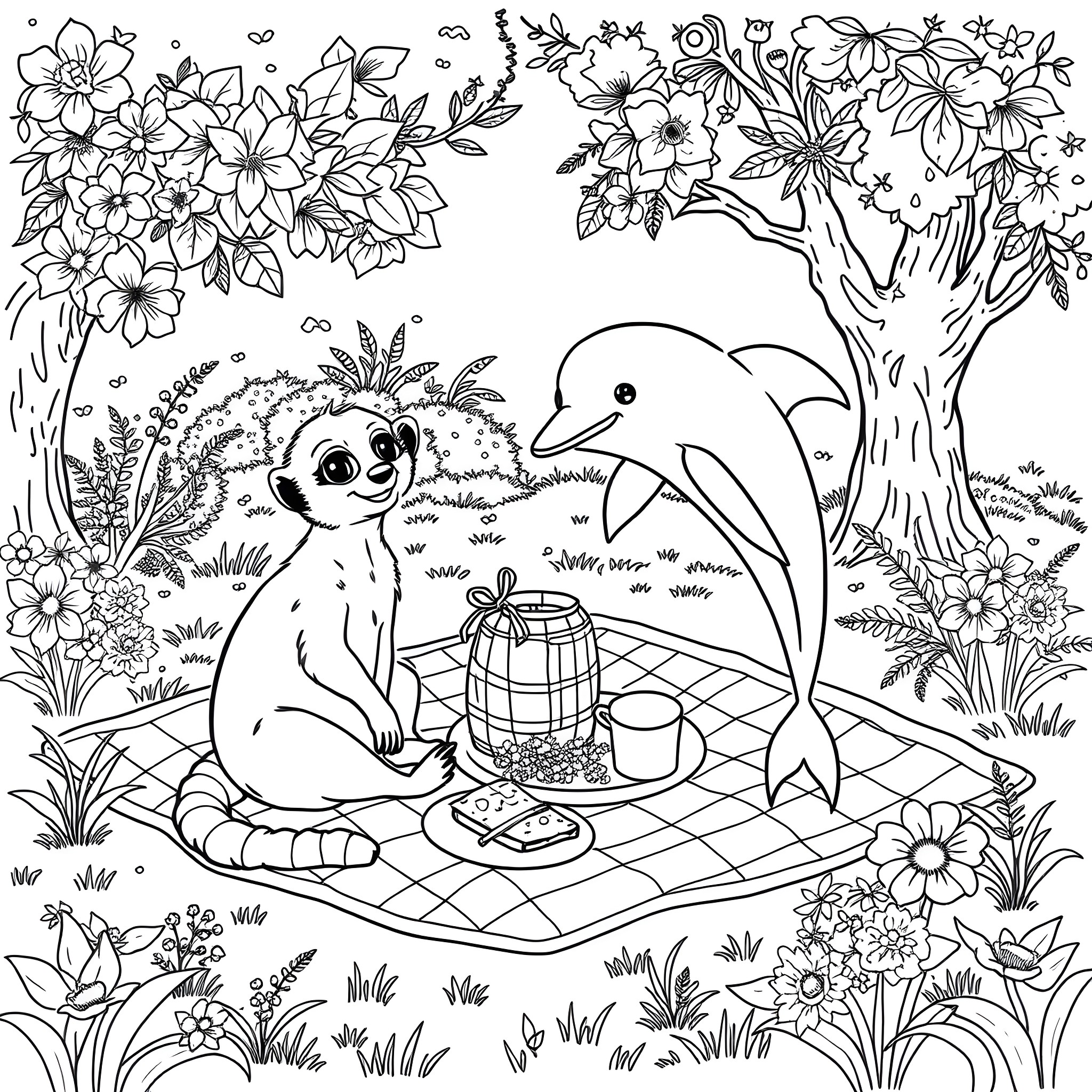 Meerkat enjoying a picnic with dolphin friend in floral garden Coloring Page (free black-and-white line drawing printable PDF for all, from beginners to advanced learners, including children, teens, adults, and seniors)