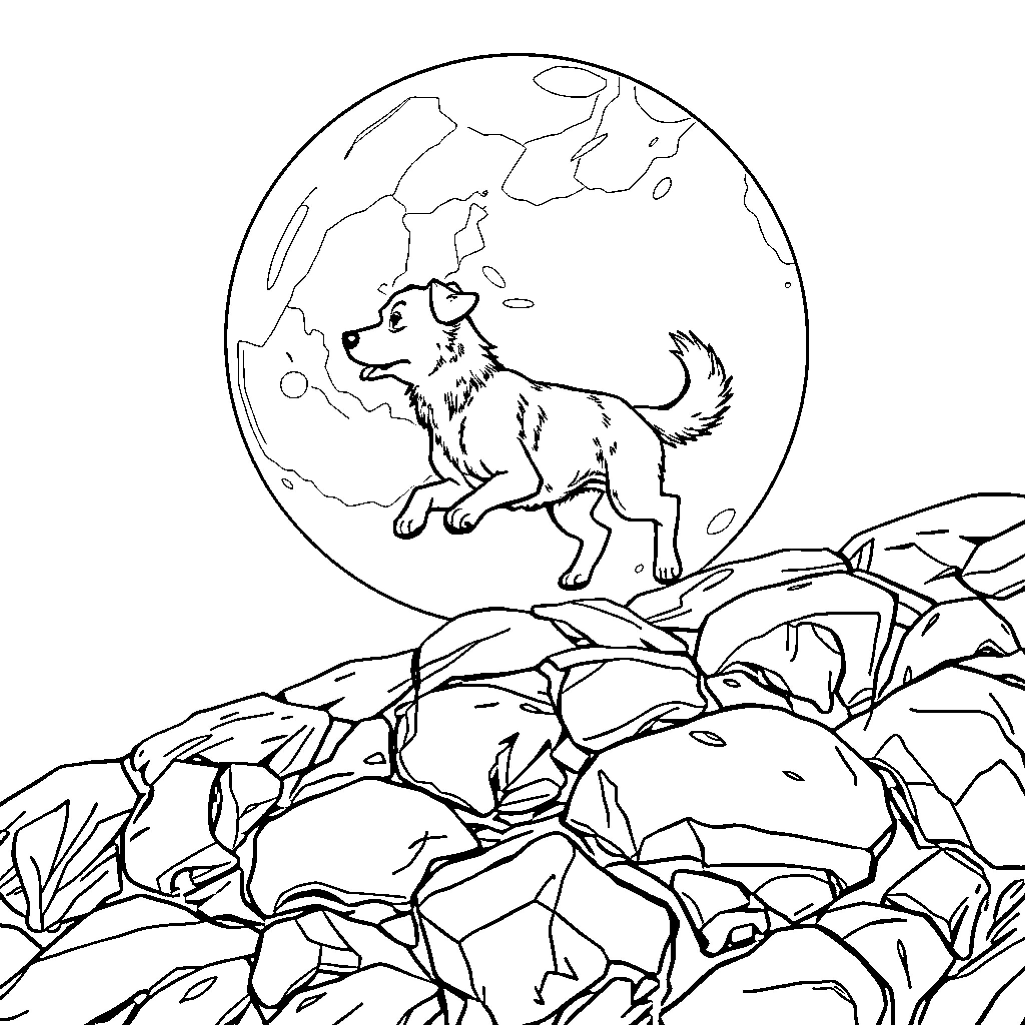 Dog howling at the moon in a rocky landscape Coloring Page (free black-and-white line drawing printable PDF for all, from beginners to advanced learners, including children, teens, adults, and seniors)