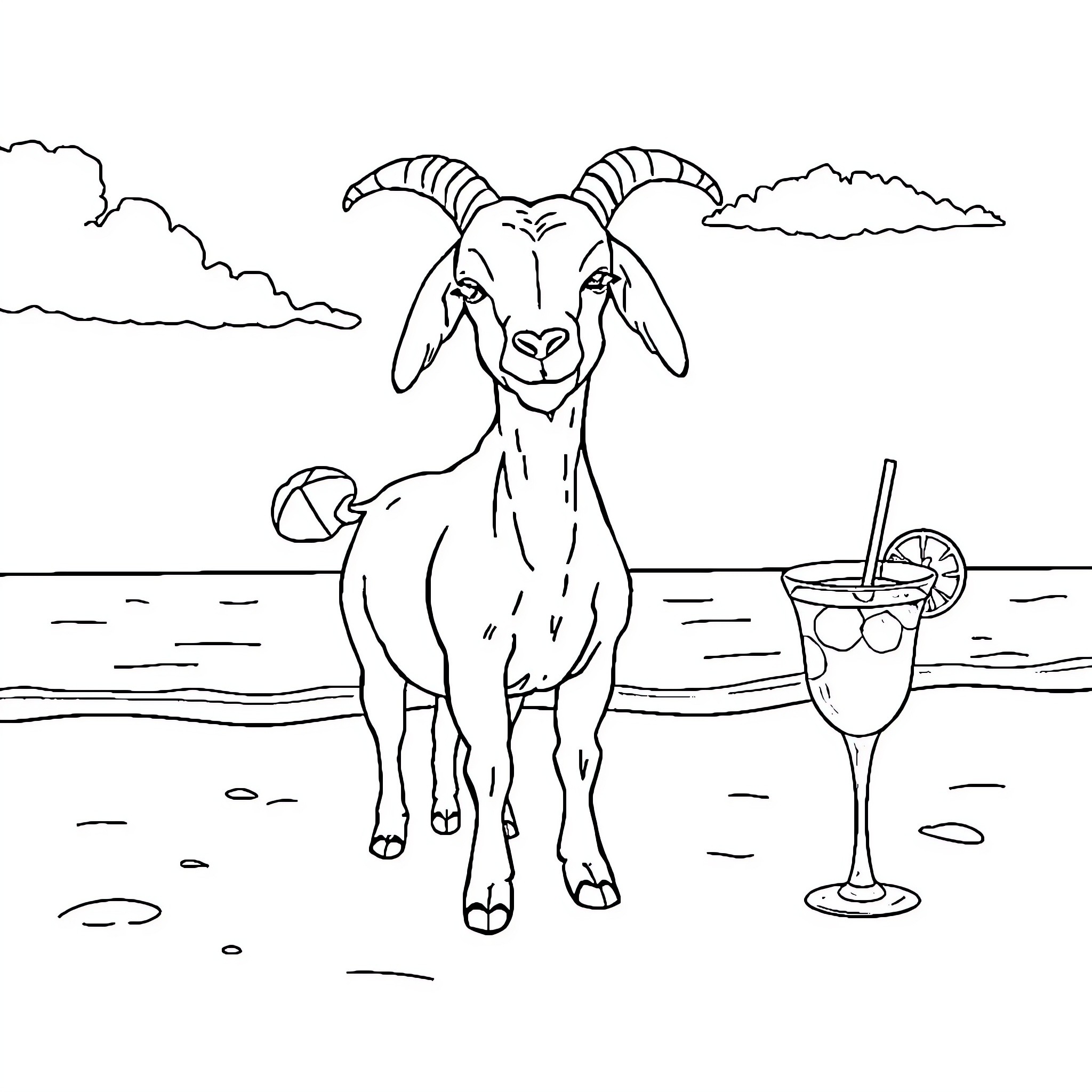 Ziege enjoying a summer day at the beach Coloring Page (free black-and-white line drawing printable PDF for all, from beginners to advanced learners, including children, teens, adults, and seniors)