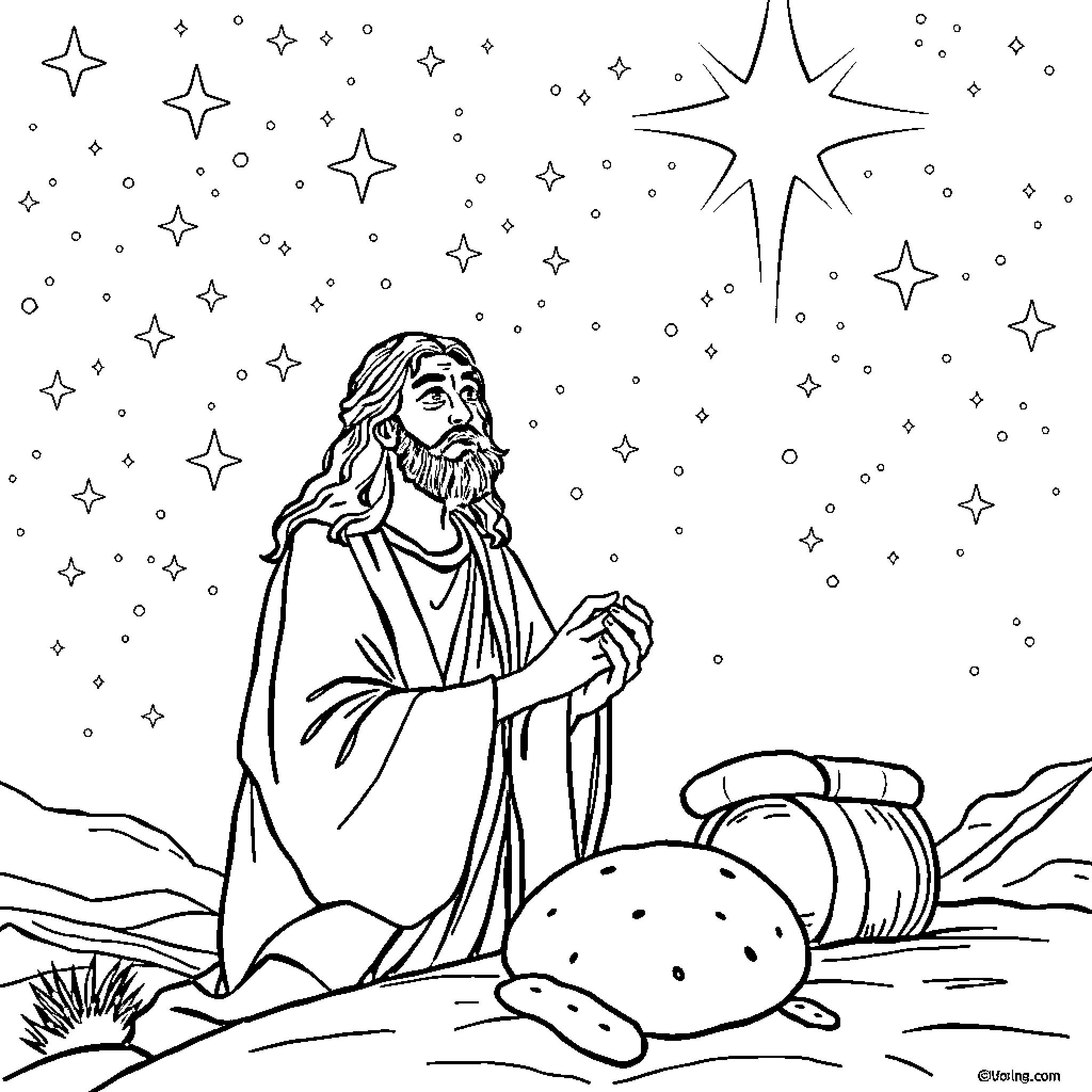 Jesus blesses the starry night sky Coloring Page (free black-and-white line drawing printable PDF for all, from beginners to advanced learners, including children, teens, adults, and seniors)