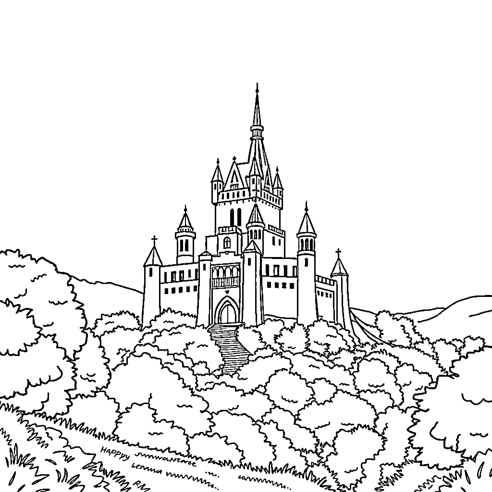 Castle in the Clouds Overlooking a Forested Landscape Coloring Page (free black-and-white line drawing printable PDF for all, from beginners to advanced learners, including children, teens, adults, and seniors)