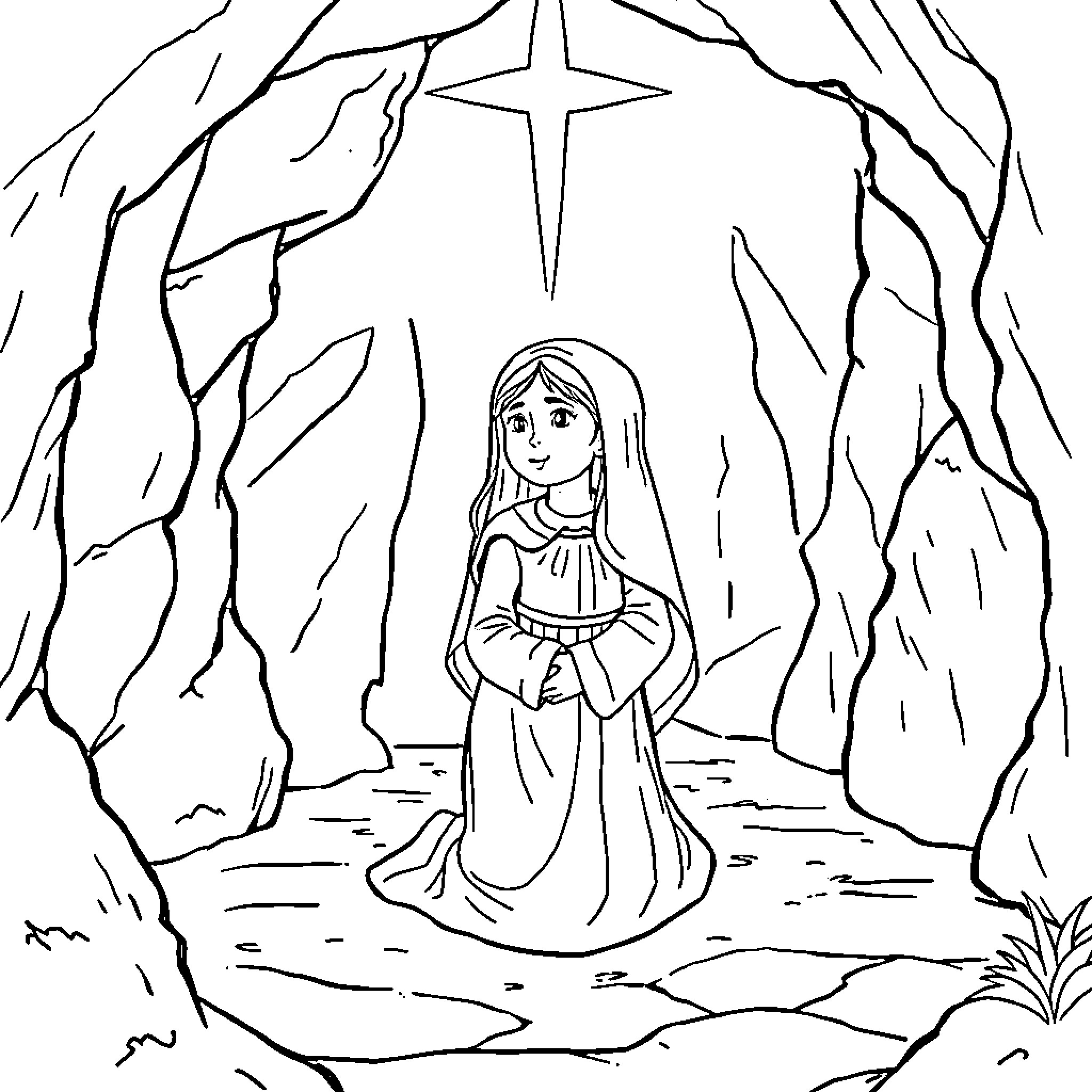 Saint Bernadette praying in the grotto Coloring Page (free black-and-white line drawing printable PDF for all, from beginners to advanced learners, including children, teens, adults, and seniors)