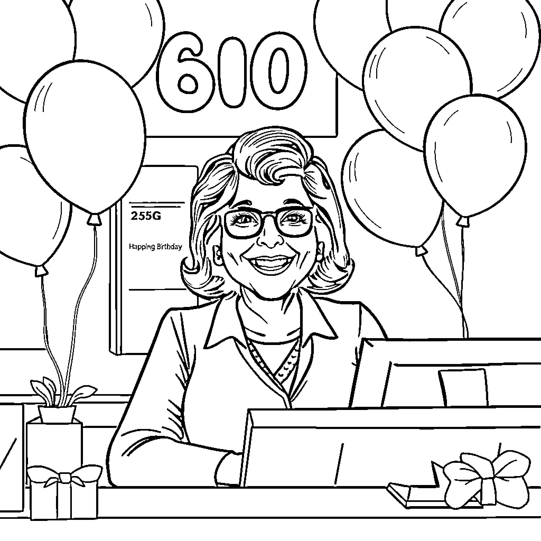 Bank Teller Celebrating 60th Birthday at Work Coloring Page (free black-and-white line drawing printable PDF for all, from beginners to advanced learners, including children, teens, adults, and seniors)