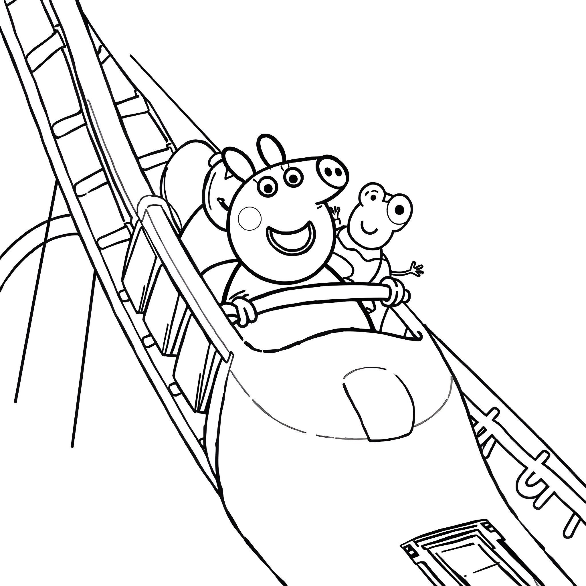 Peppa Pig and friends on a roller coaster ride Coloring Page (free black-and-white line drawing printable PDF for all, from beginners to advanced learners, including children, teens, adults, and seniors)