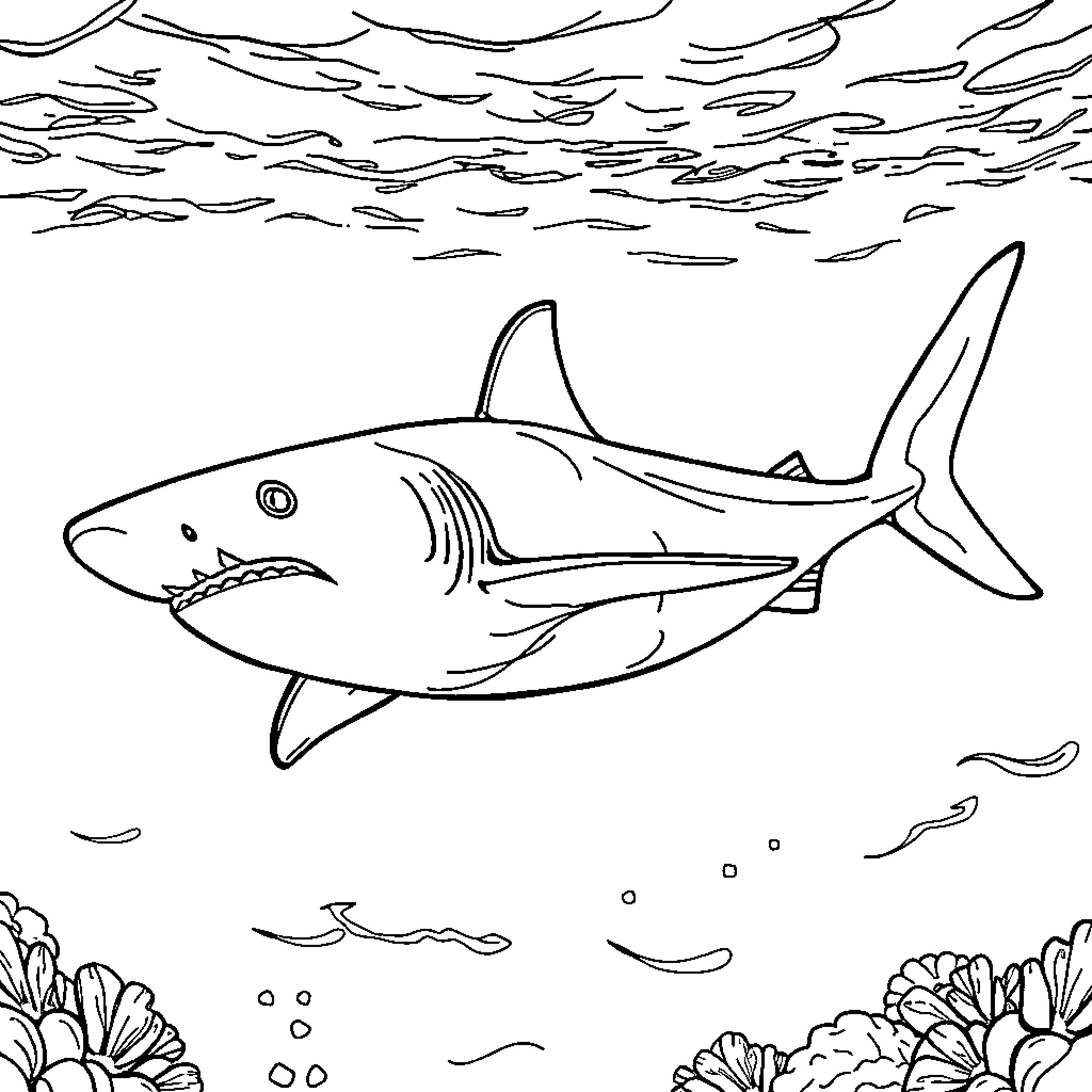 Shark swimming through the ocean Coloring Page (free black-and-white line drawing printable PDF for all, from beginners to advanced learners, including children, teens, adults, and seniors)
