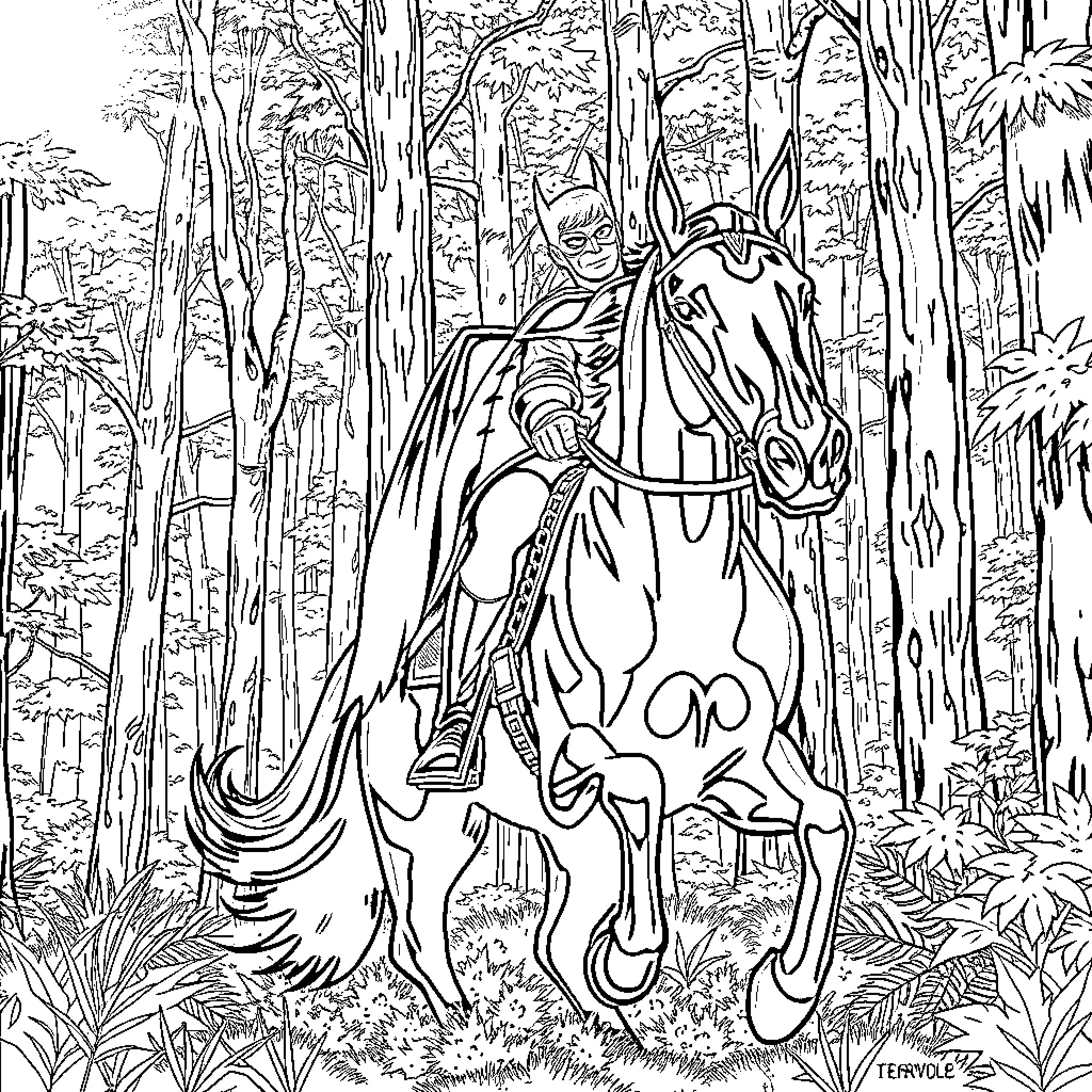 Batman riding a horse through the forest Coloring Page (free black-and-white line drawing printable PDF for all, from beginners to advanced learners, including children, teens, adults, and seniors)