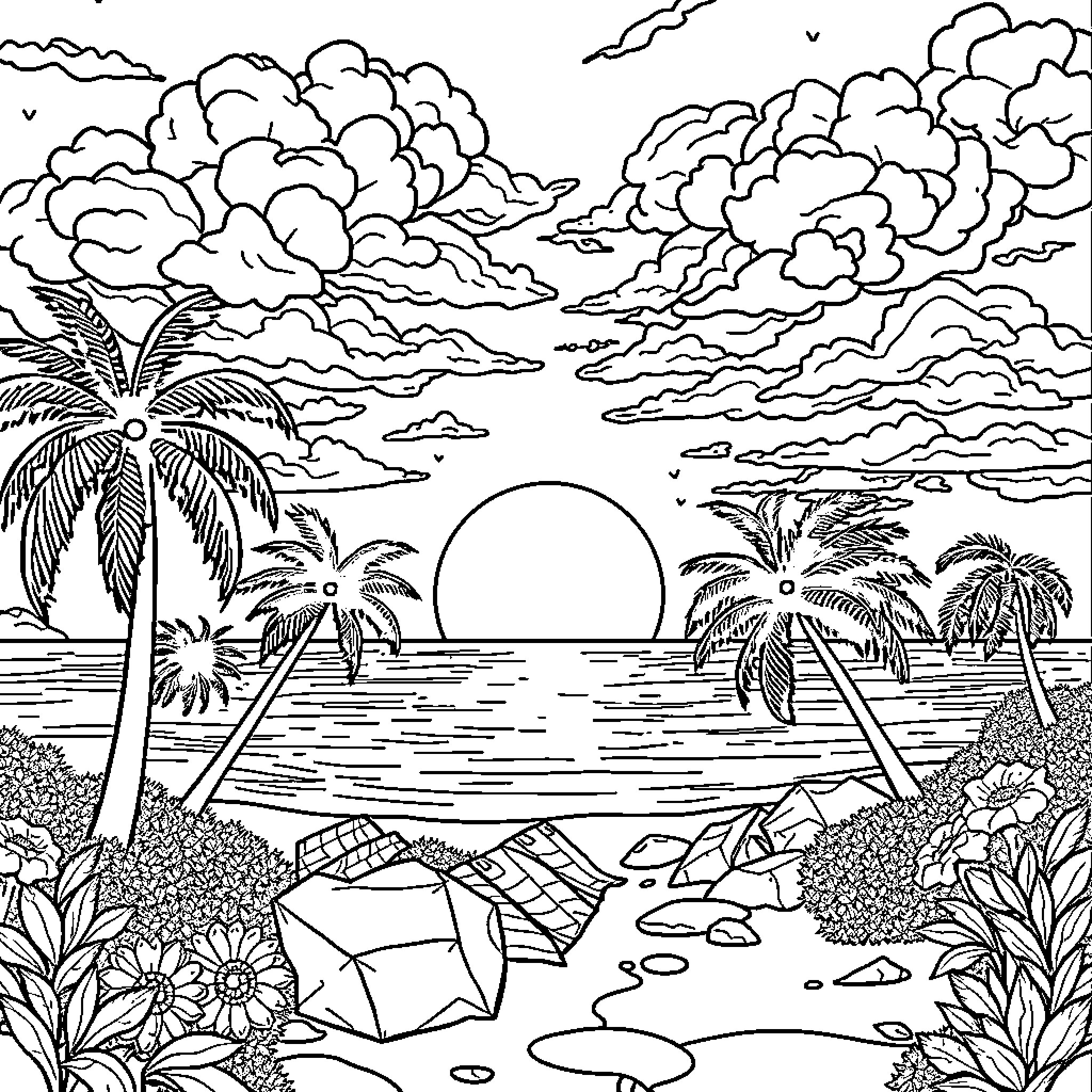 Sunset over a tropical beach paradise Coloring Page (free black-and-white line drawing printable PDF for all, from beginners to advanced learners, including children, teens, adults, and seniors)
