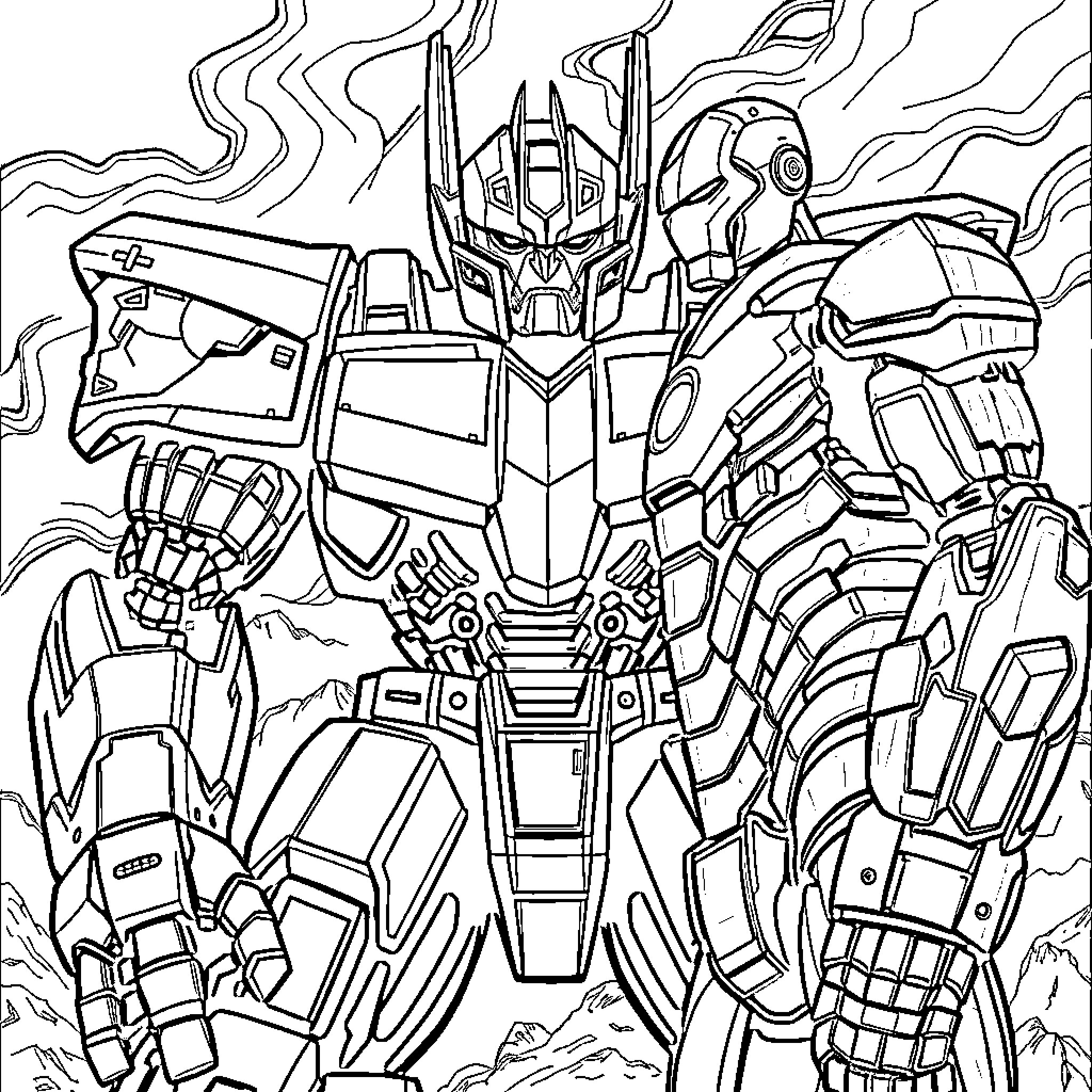 Megatron, the Mighty Transformer, Unleashes Destruction Coloring Page (free black-and-white line drawing printable PDF for all, from beginners to advanced learners, including children, teens, adults, and seniors)