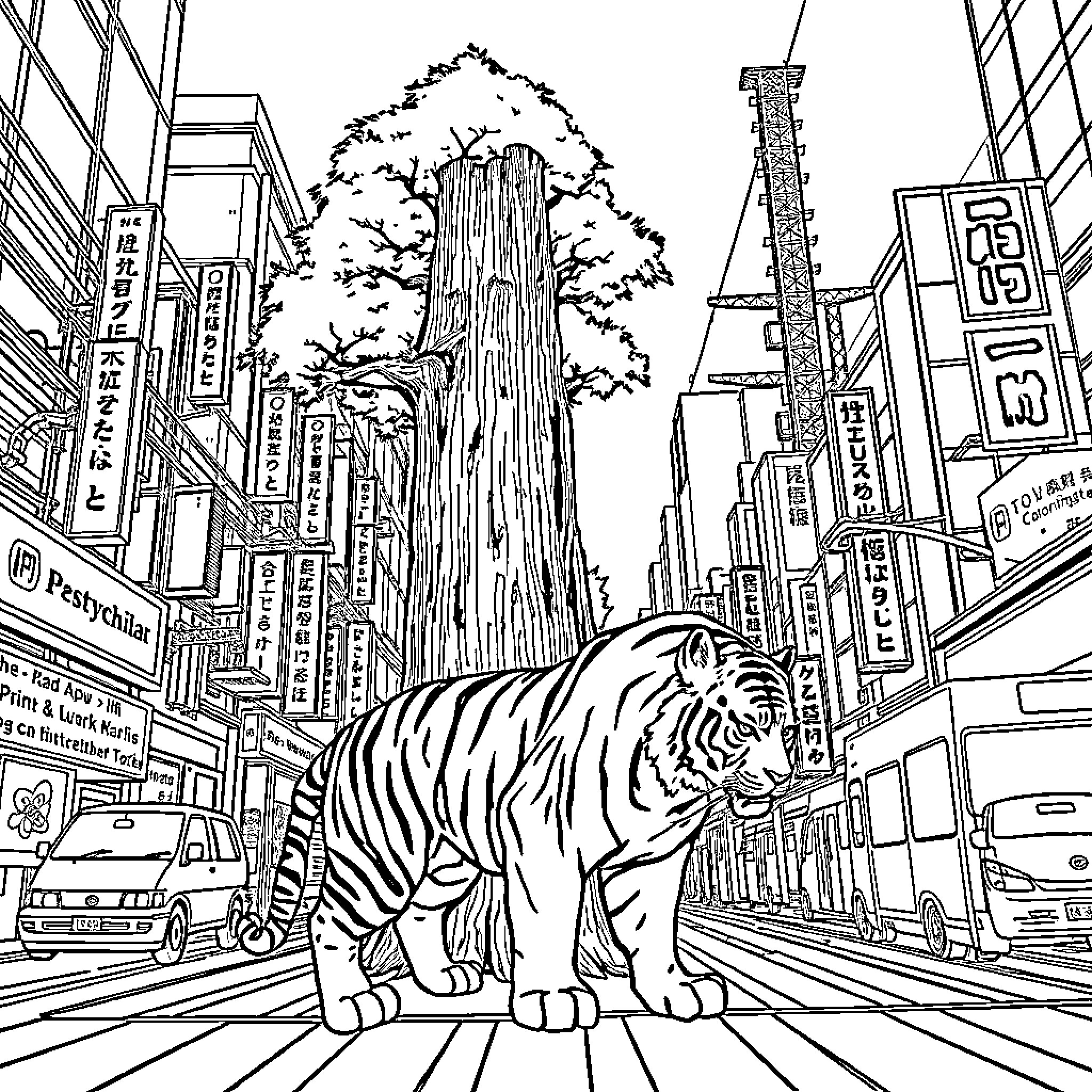 T-Rex prowling through vibrant city landscape Coloring Page (free black-and-white line drawing printable PDF for all, from beginners to advanced learners, including children, teens, adults, and seniors)