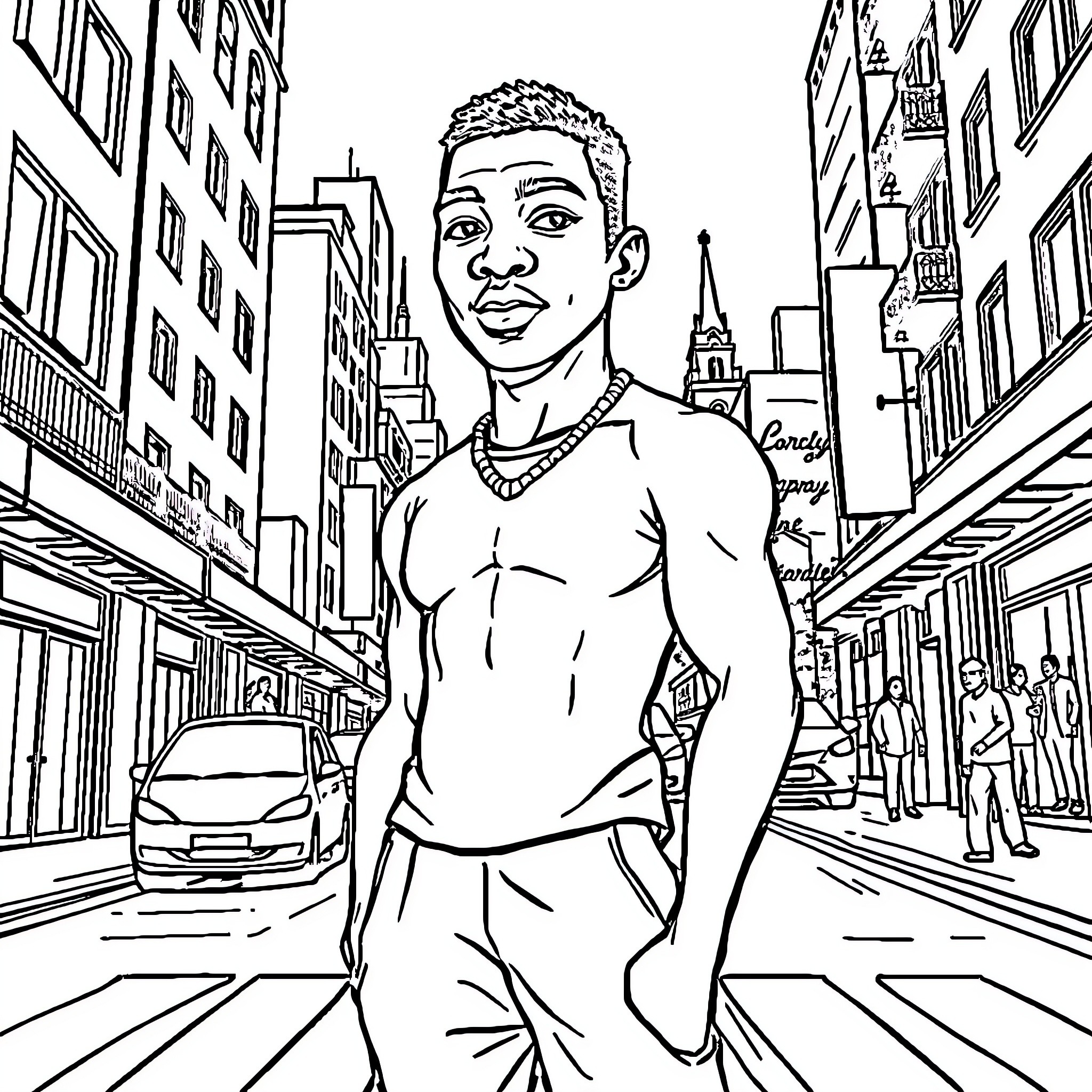 Mbappe Strolls Through the City Streets Coloring Page (free black-and-white line drawing printable PDF for all, from beginners to advanced learners, including children, teens, adults, and seniors)