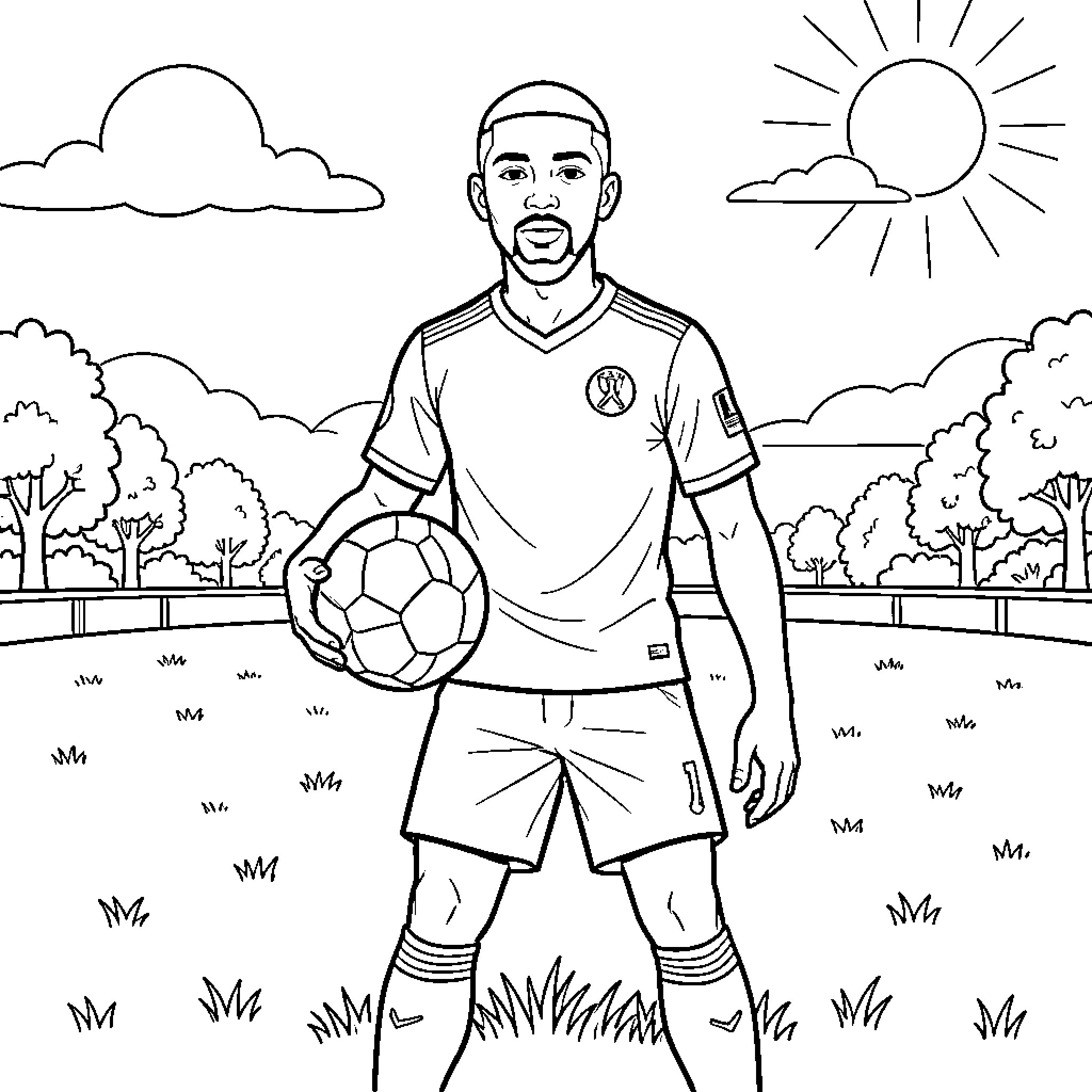 Mbappe holding a soccer ball in a field Coloring Page (free black-and-white line drawing printable PDF for all, from beginners to advanced learners, including children, teens, adults, and seniors)