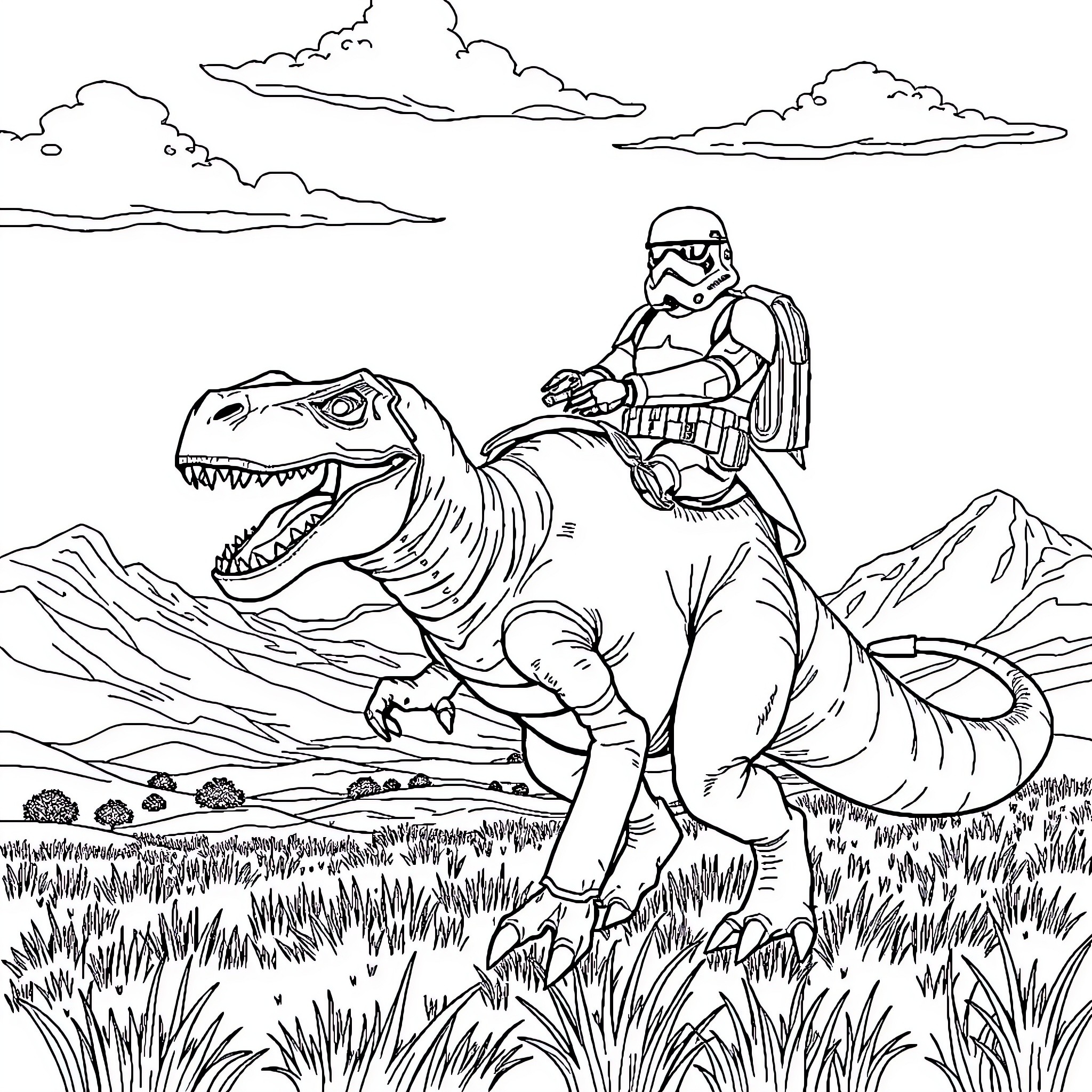 Stormtrooper rides a fierce dinosaur in the wilderness Coloring Page (free black-and-white line drawing printable PDF for all, from beginners to advanced learners, including children, teens, adults, and seniors)