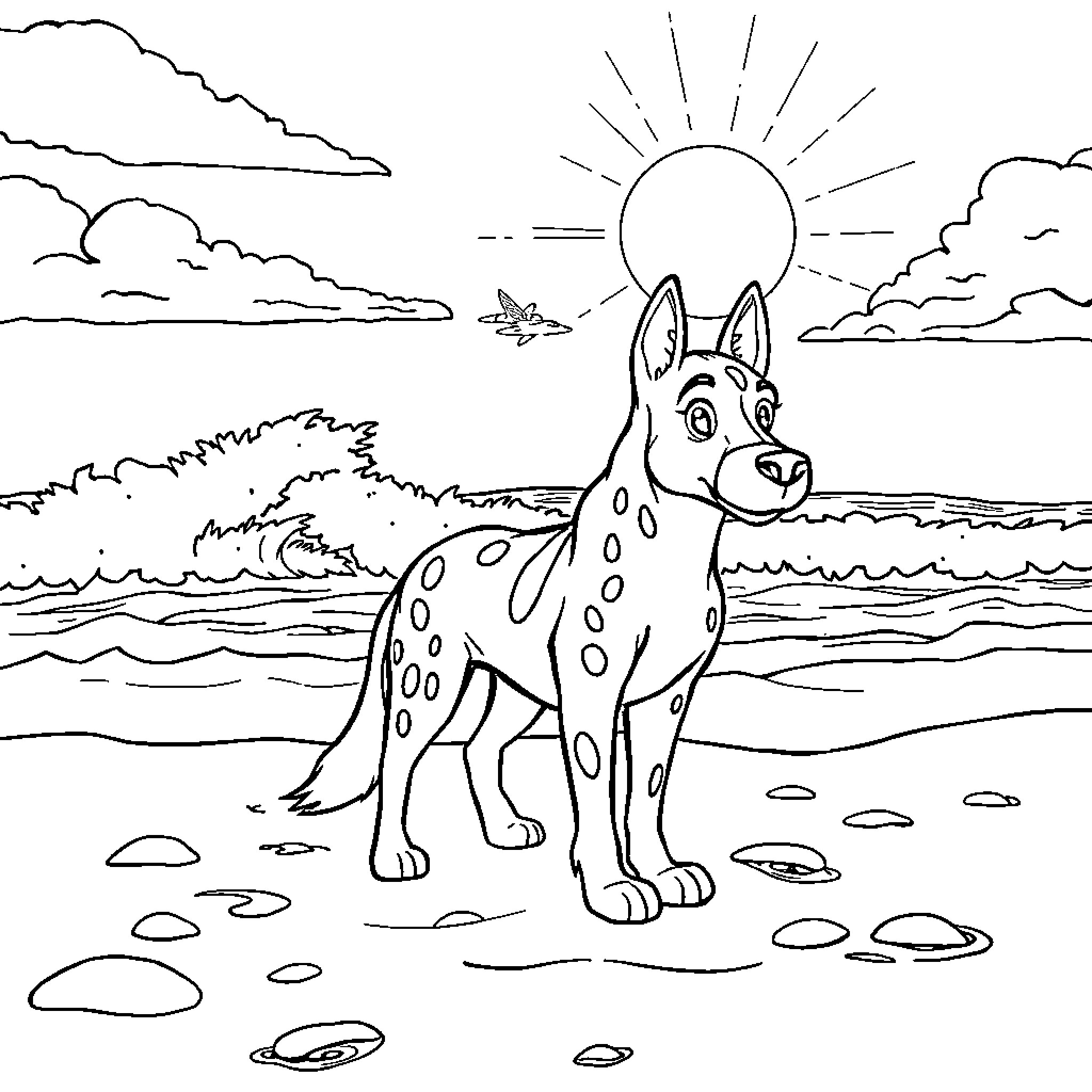 Huntrix Enjoying the Sunny Coastal Scenery Coloring Page (free black-and-white line drawing printable PDF for all, from beginners to advanced learners, including children, teens, adults, and seniors)
