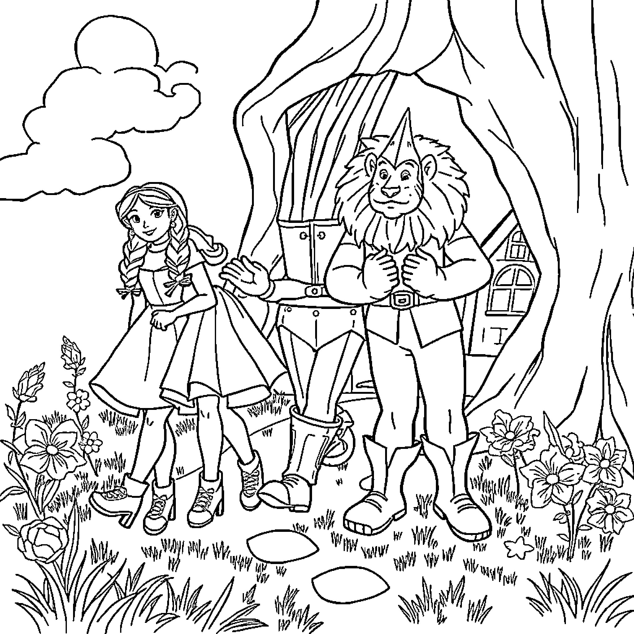 Wizard of Oz characters exploring enchanted forest Coloring Page (free black-and-white line drawing printable PDF for all, from beginners to advanced learners, including children, teens, adults, and seniors)