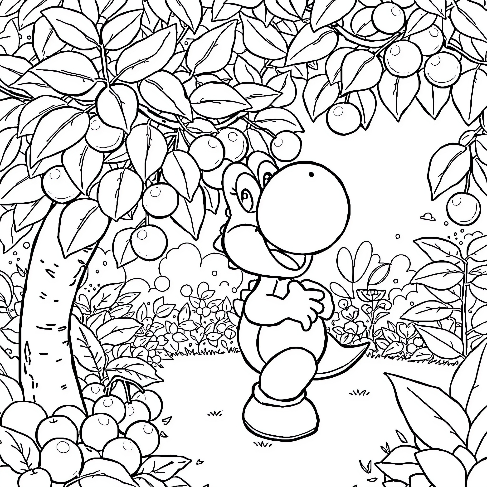 Yoshi exploring a lush botanical garden Coloring Page (free black-and-white line drawing printable PDF for all, from beginners to advanced learners, including children, teens, adults, and seniors)