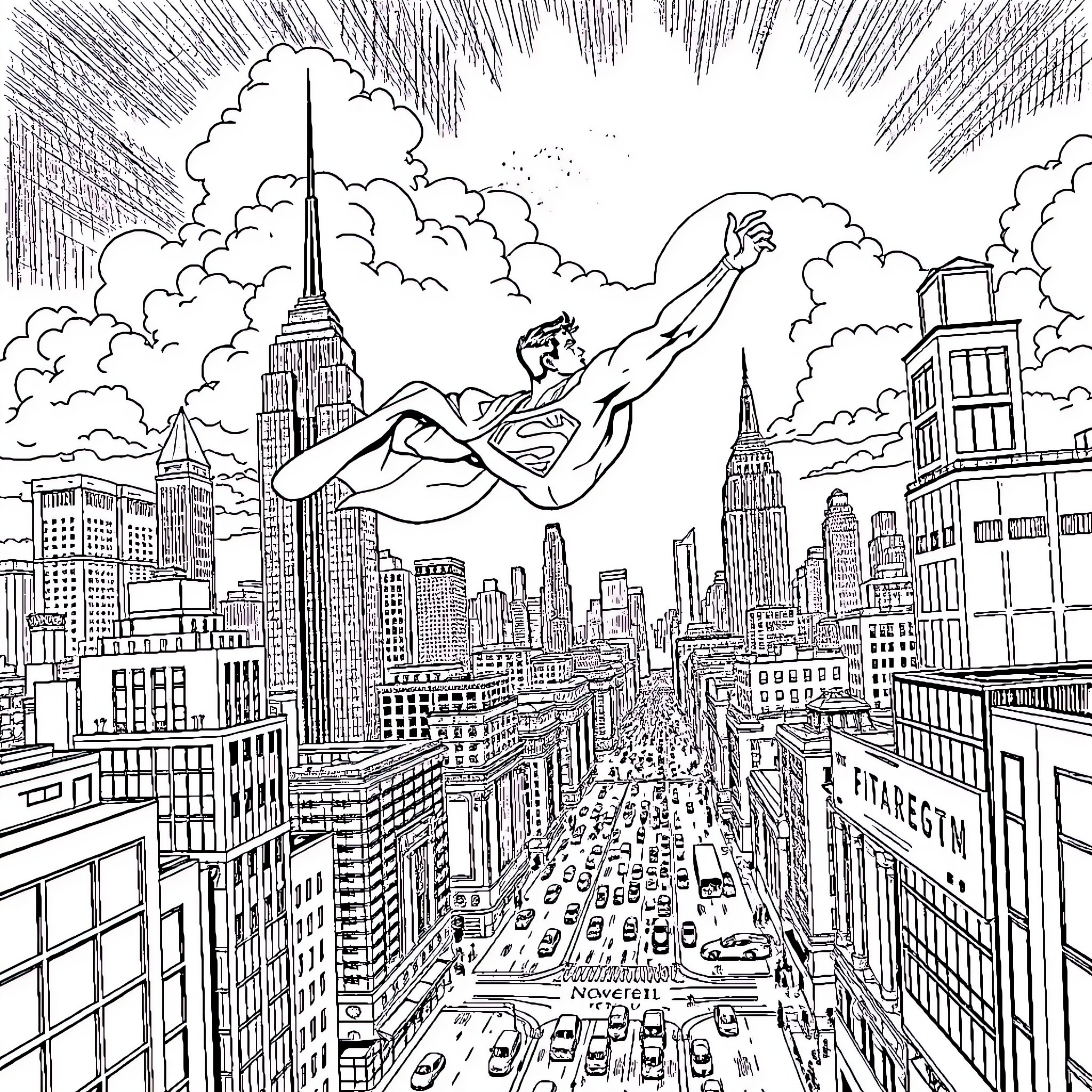 Superman soaring over the bustling city skyline Coloring Page (free black-and-white line drawing printable PDF for all, from beginners to advanced learners, including children, teens, adults, and seniors)