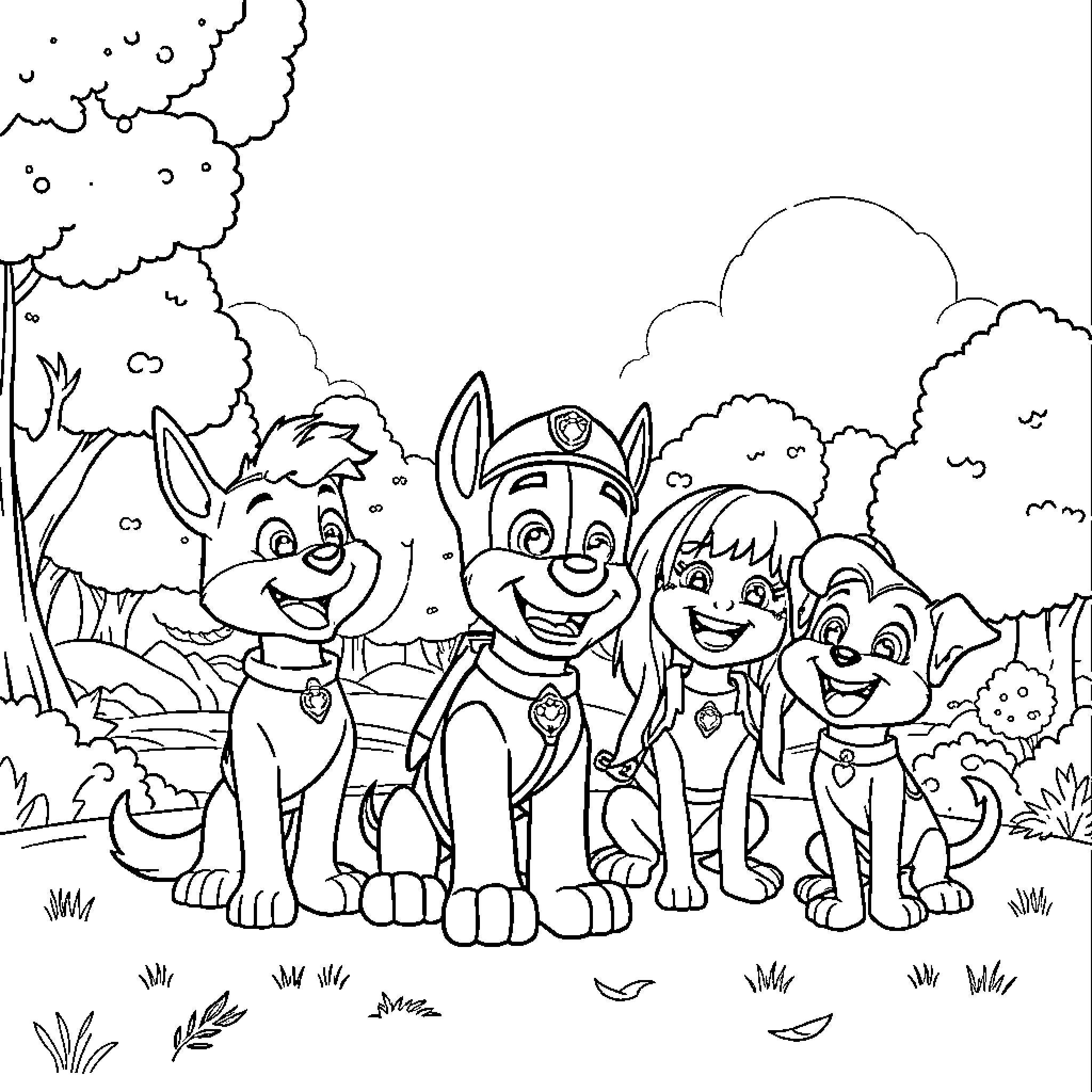 Chase through the Enchanted Forest Coloring Page (free black-and-white line drawing printable PDF for all, from beginners to advanced learners, including children, teens, adults, and seniors)