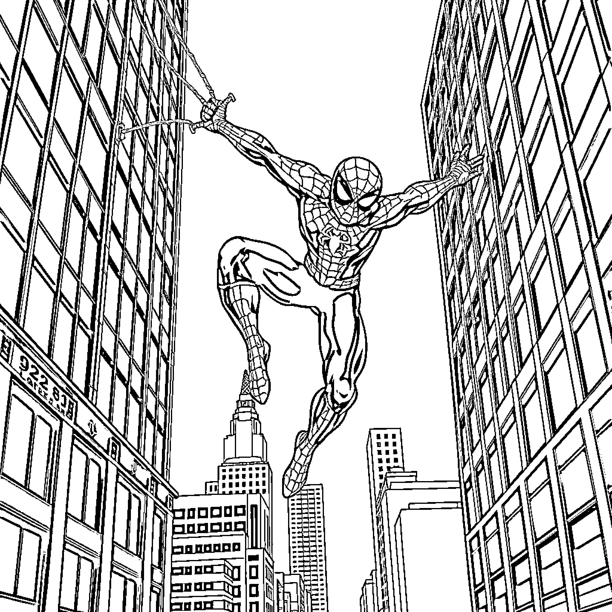 Spider-Man swinging through the city skyline Coloring Page (free black-and-white line drawing printable PDF for all, from beginners to advanced learners, including children, teens, adults, and seniors)