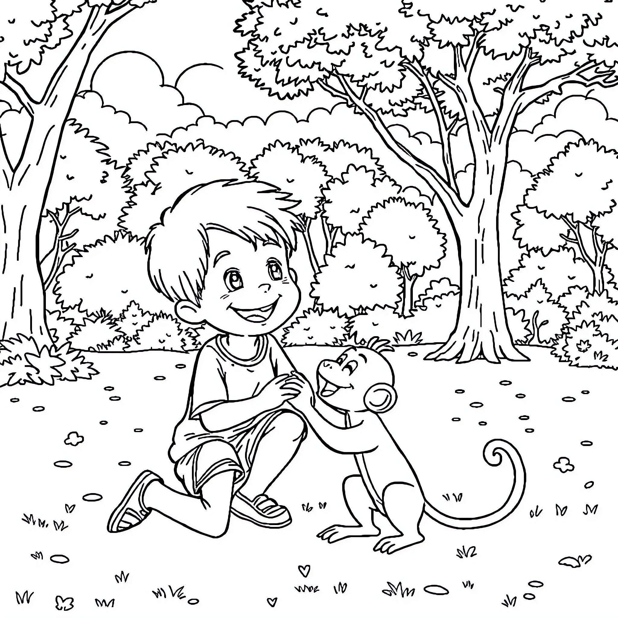 Kid playing with a monkey in the forest Coloring Page (free black-and-white line drawing printable PDF for all, from beginners to advanced learners, including children, teens, adults, and seniors)