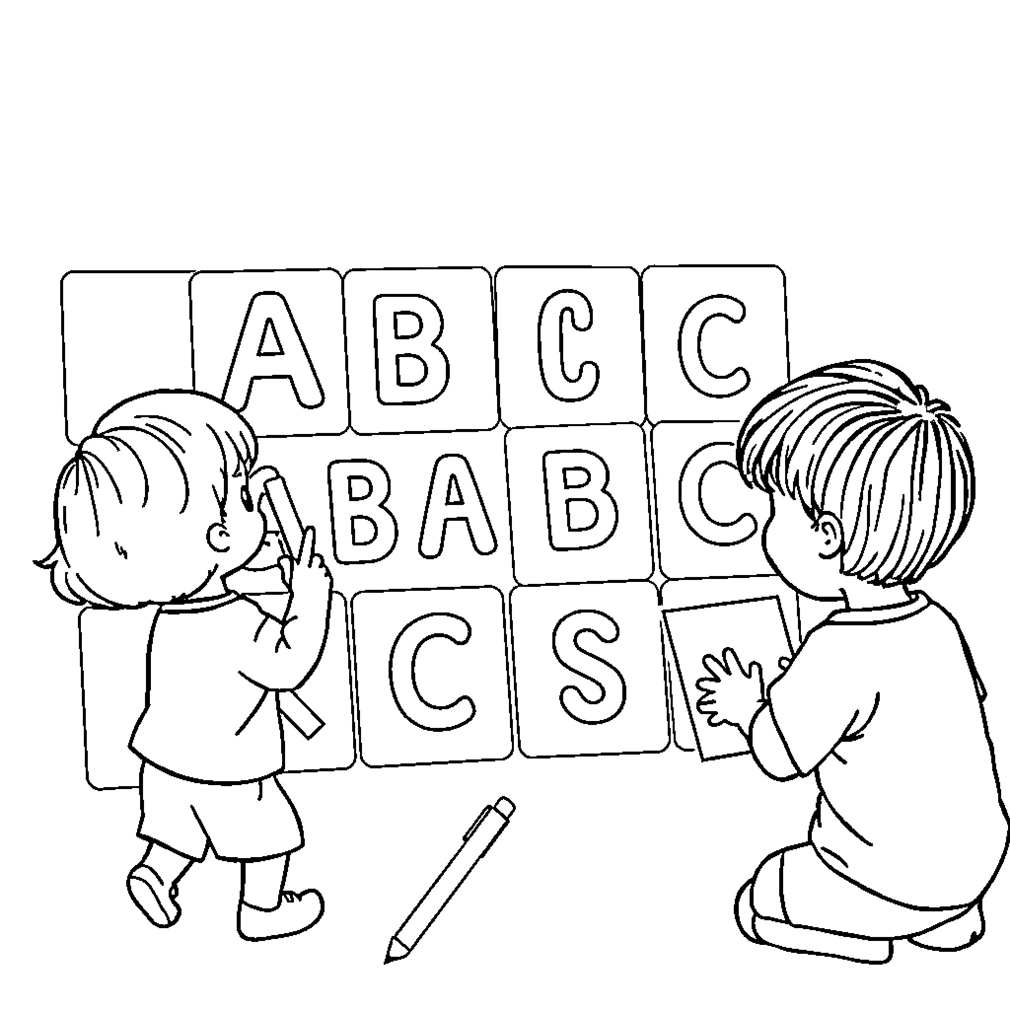 ABC Alphabet Blocks Explored by Children Coloring Page (free black-and-white line drawing printable PDF for all, from beginners to advanced learners, including children, teens, adults, and seniors)