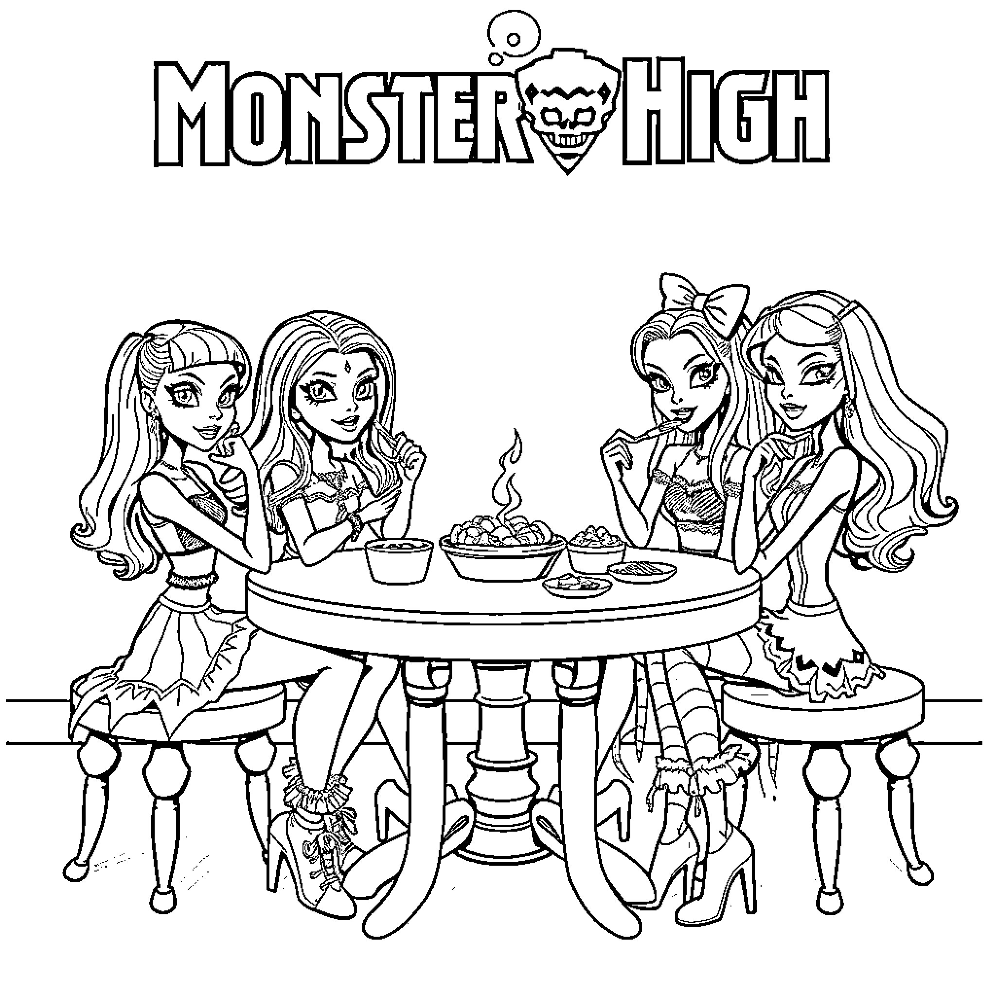 Monster High characters having a monster-themed meal Coloring Page (free black-and-white line drawing printable PDF for all, from beginners to advanced learners, including children, teens, adults, and seniors)