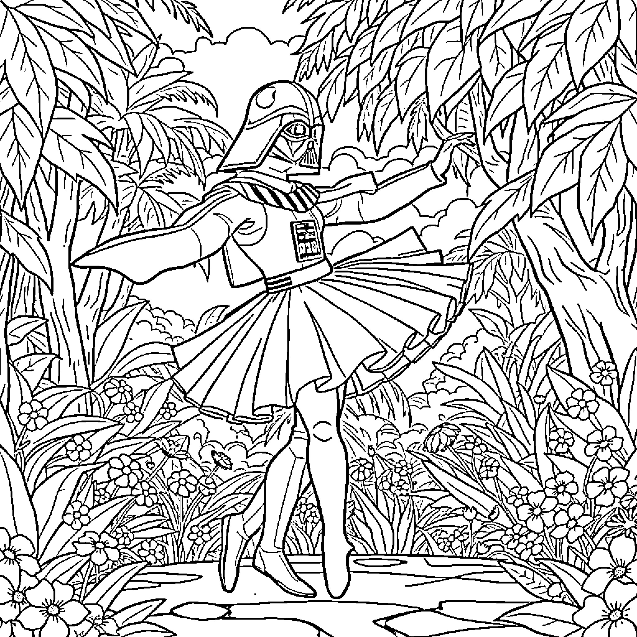 Darth Vader exploring the lush jungle landscape Coloring Page (free black-and-white line drawing printable PDF for all, from beginners to advanced learners, including children, teens, adults, and seniors)