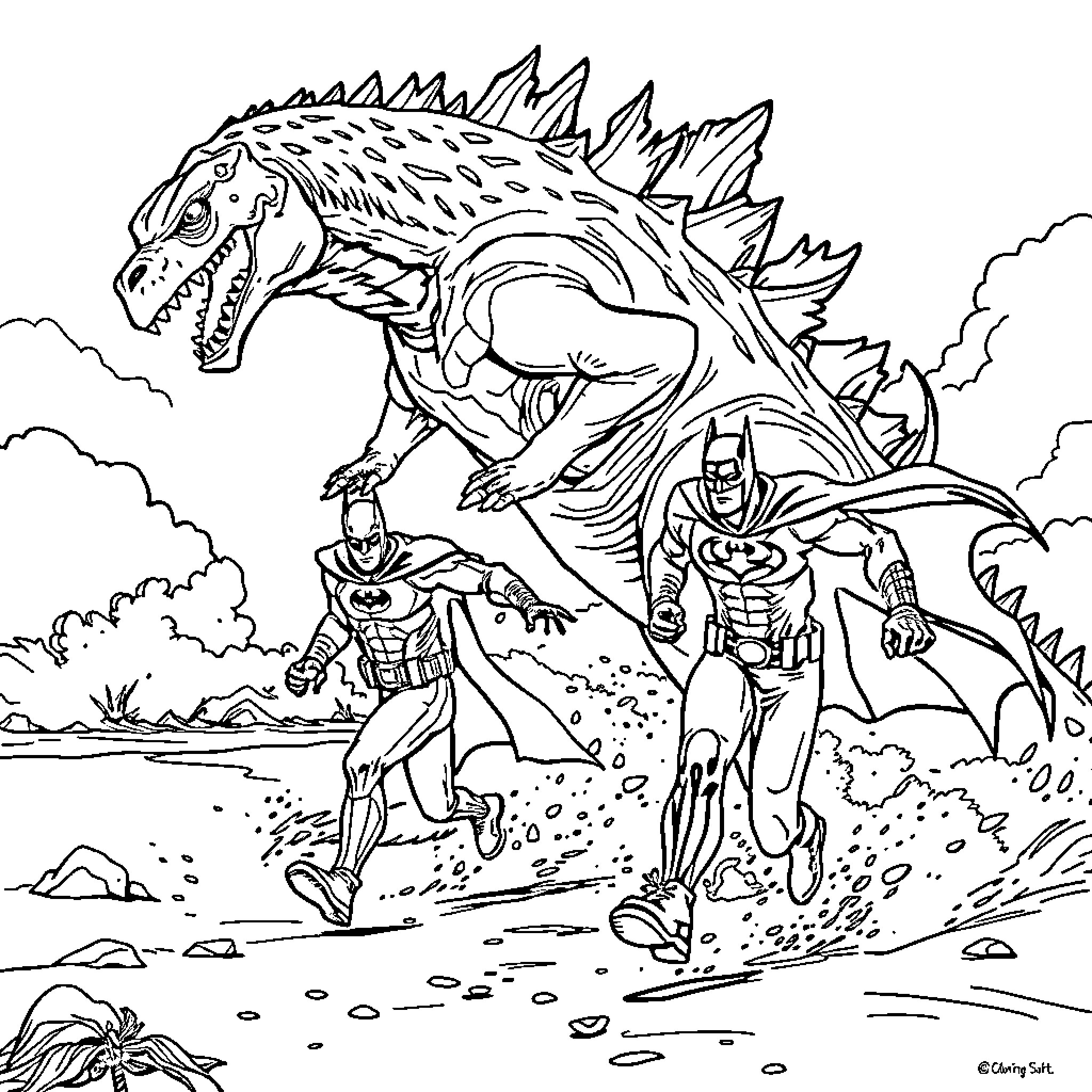 Godzilla battles heroic figures in a dramatic scene Coloring Page (free black-and-white line drawing printable PDF for all, from beginners to advanced learners, including children, teens, adults, and seniors)