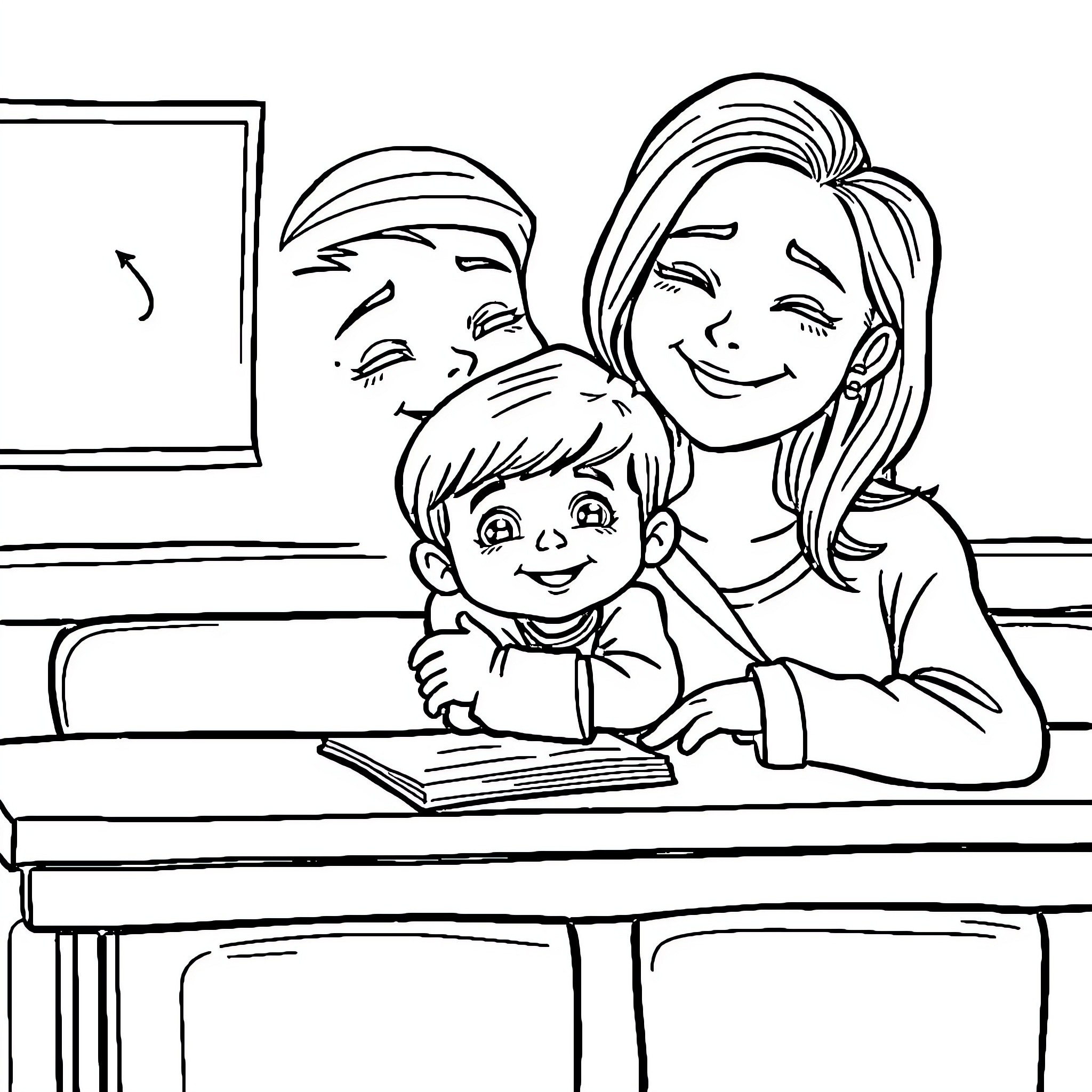Niño enjoying learning time with teacher Coloring Page (free black-and-white line drawing printable PDF for all, from beginners to advanced learners, including children, teens, adults, and seniors)