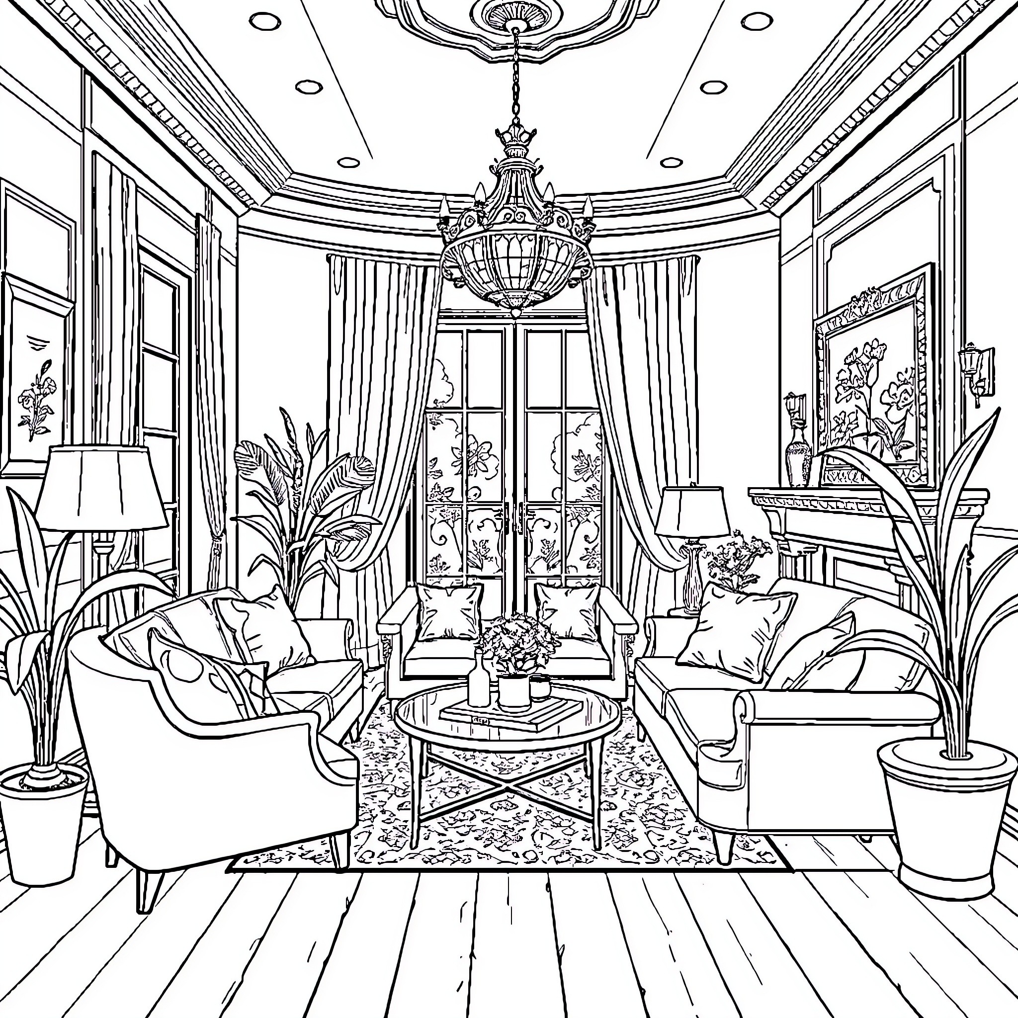 Interior Scene of a Lavish Living Room Coloring Page (free black-and-white line drawing printable PDF for all, from beginners to advanced learners, including children, teens, adults, and seniors)