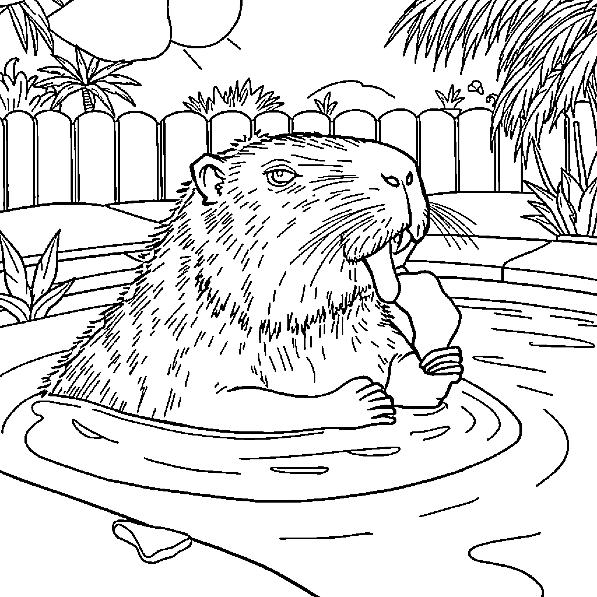 Capibara relaxing in the pond surrounded by nature Coloring Page (free black-and-white line drawing printable PDF for all, from beginners to advanced learners, including children, teens, adults, and seniors)