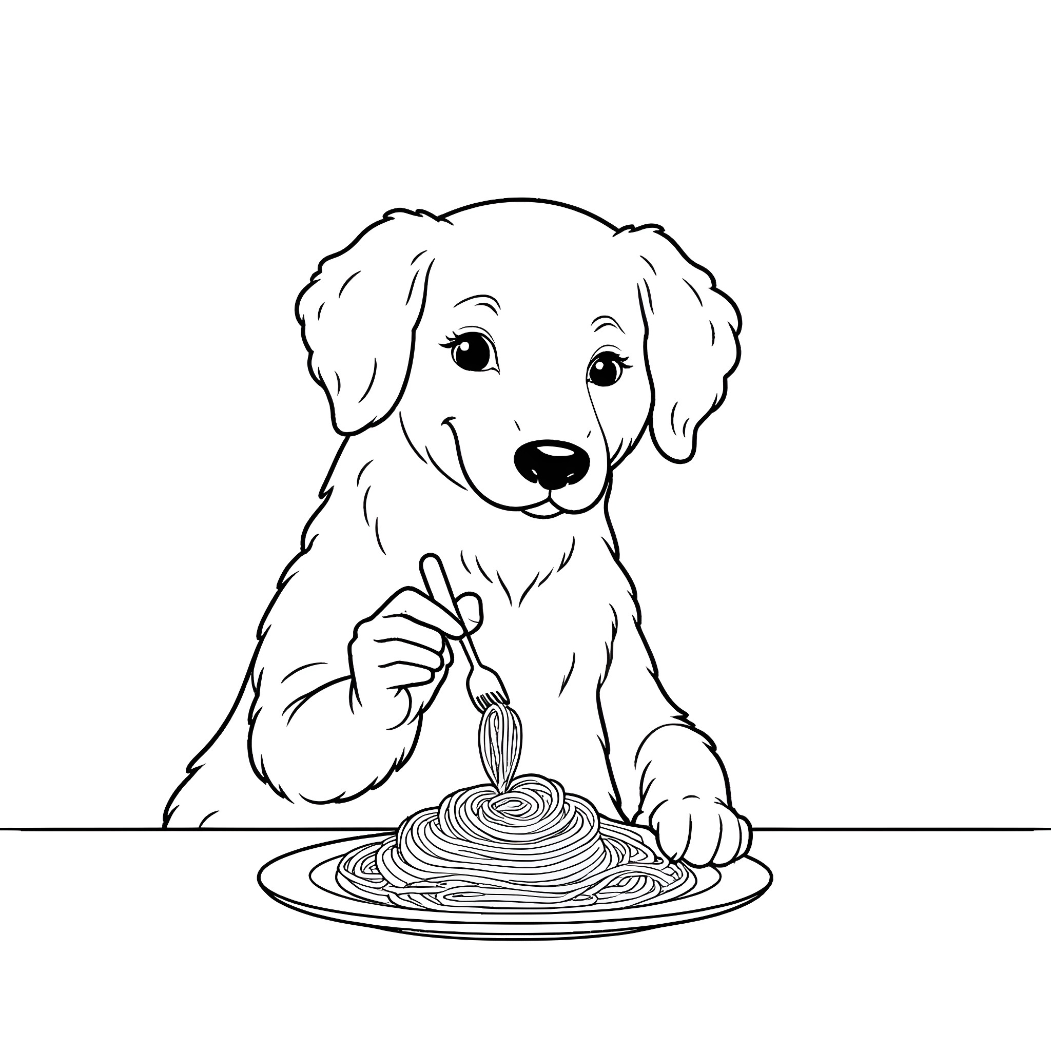 Dog enjoying a delicious meal Coloring Page (free black-and-white line drawing printable PDF for all, from beginners to advanced learners, including children, teens, adults, and seniors)