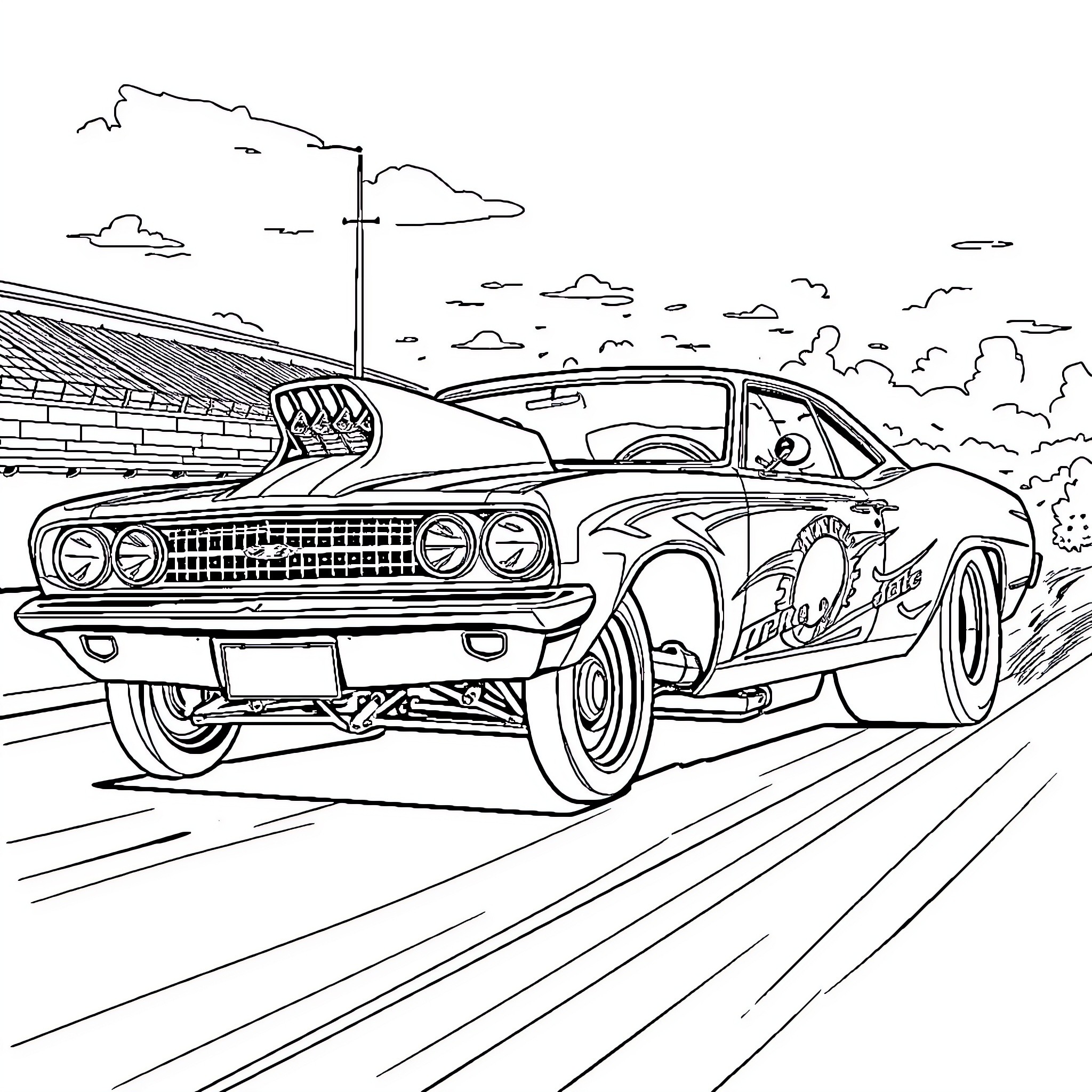 Drag Car racing with dramatic motion Coloring Page (free black-and-white line drawing printable PDF for all, from beginners to advanced learners, including children, teens, adults, and seniors)