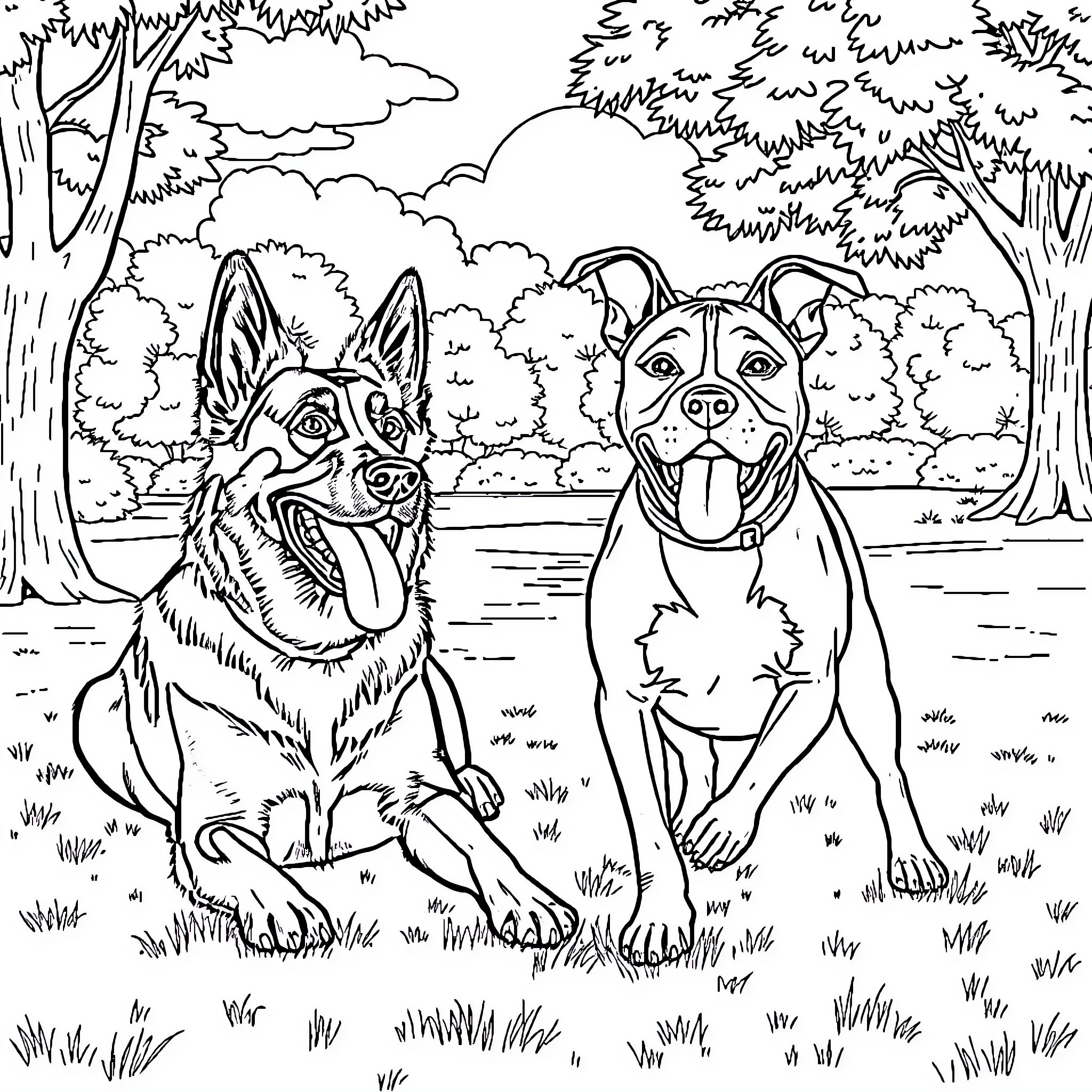 Dog friends playing in the park Coloring Page (free black-and-white line drawing printable PDF for all, from beginners to advanced learners, including children, teens, adults, and seniors)