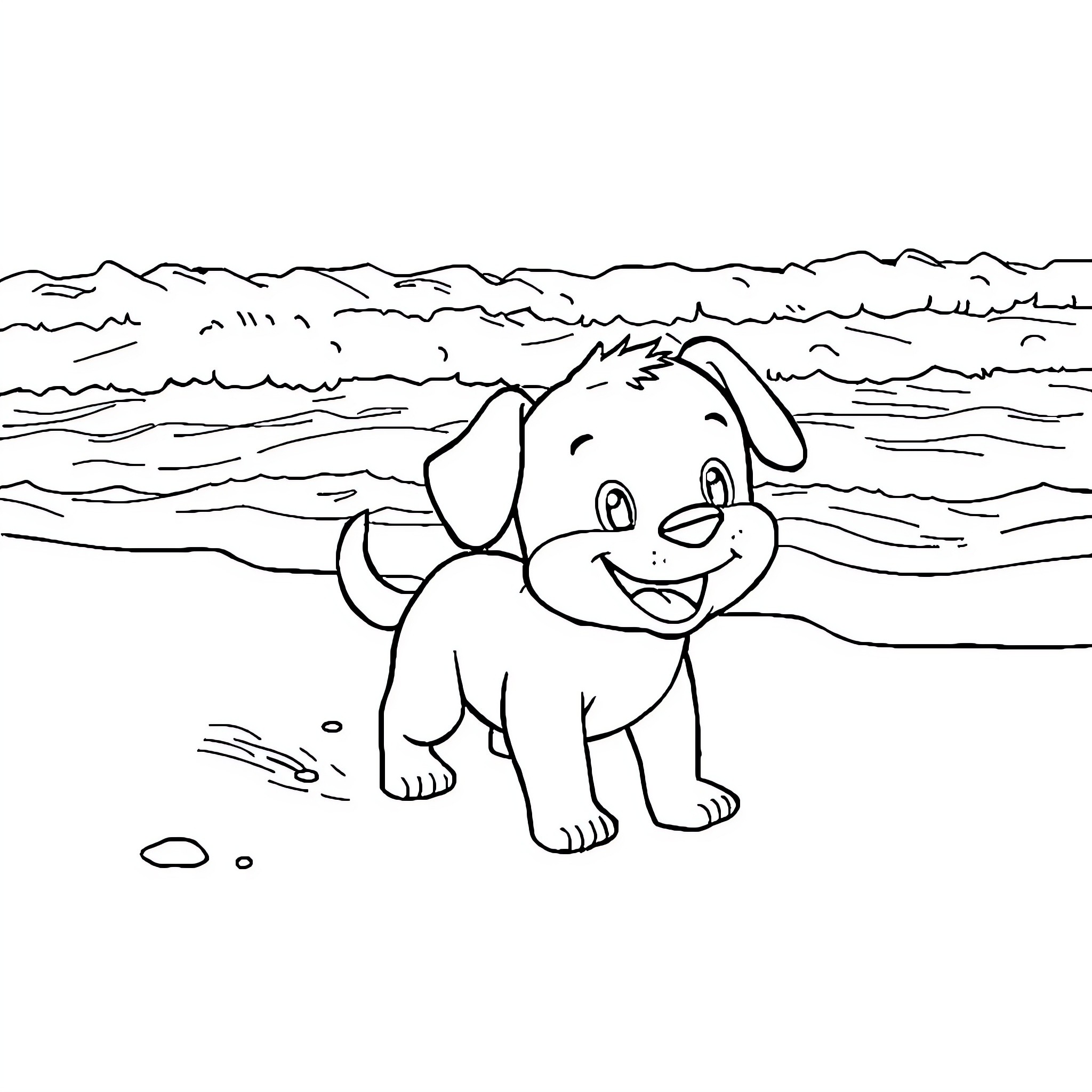 Labubu playing happily by the beach Coloring Page (free black-and-white line drawing printable PDF for all, from beginners to advanced learners, including children, teens, adults, and seniors)
