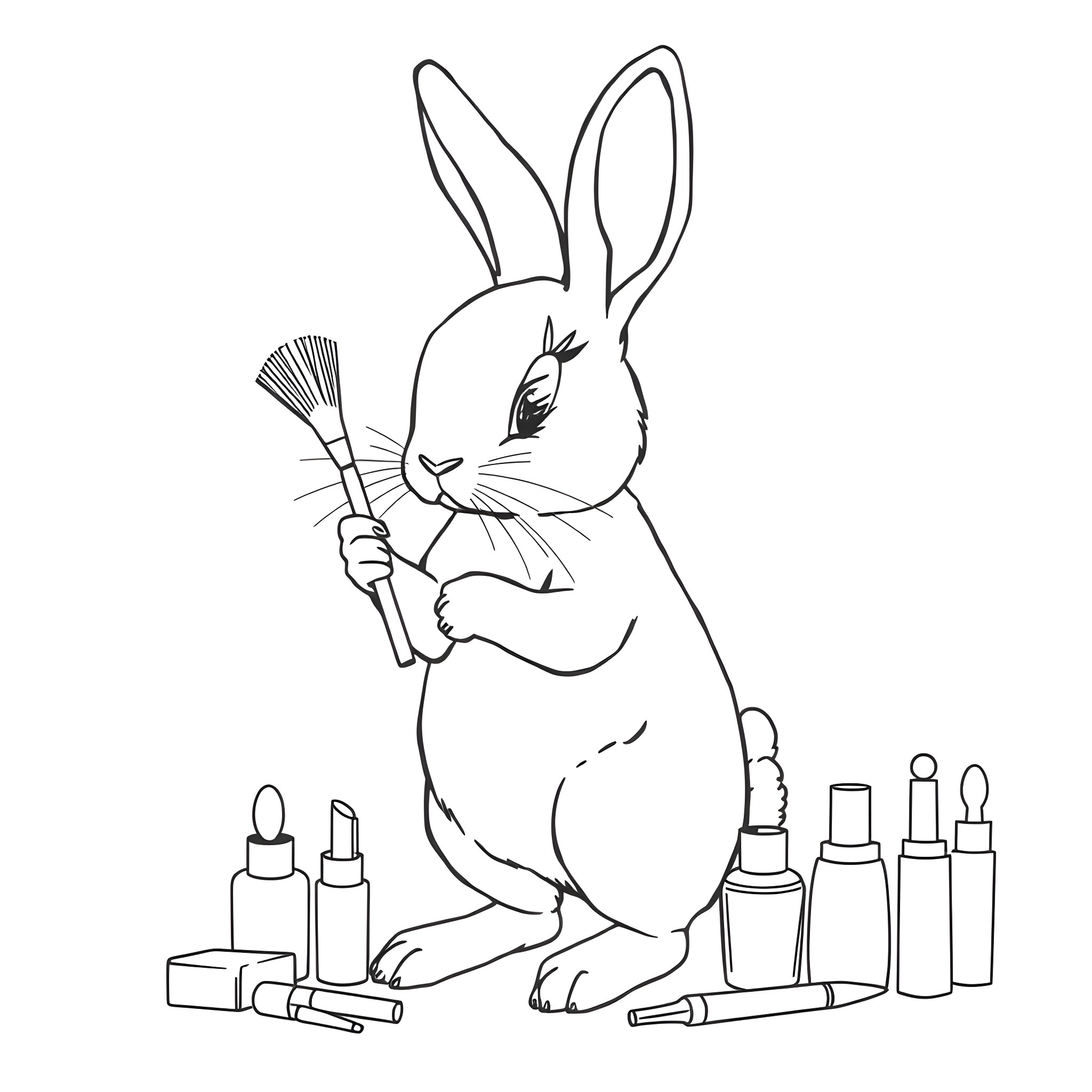Rabbit applying makeup with beauty products Coloring Page (free black-and-white line drawing printable PDF for all, from beginners to advanced learners, including children, teens, adults, and seniors)