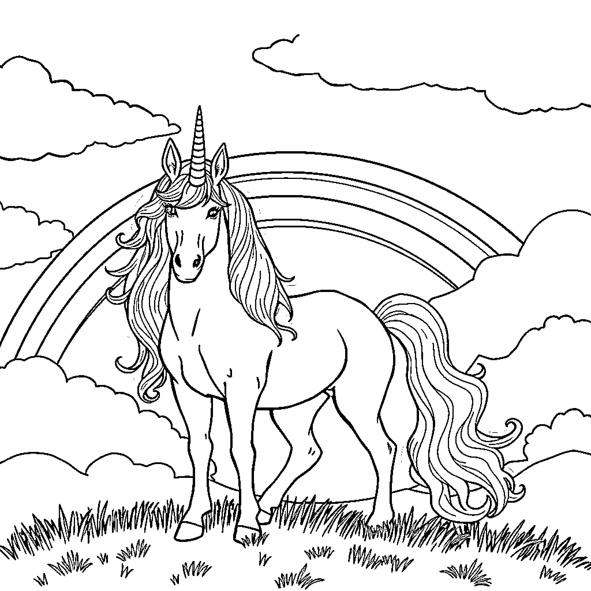 Unicorn standing gracefully in a magical landscape Coloring Page (free black-and-white line drawing printable PDF for all, from beginners to advanced learners, including children, teens, adults, and seniors)