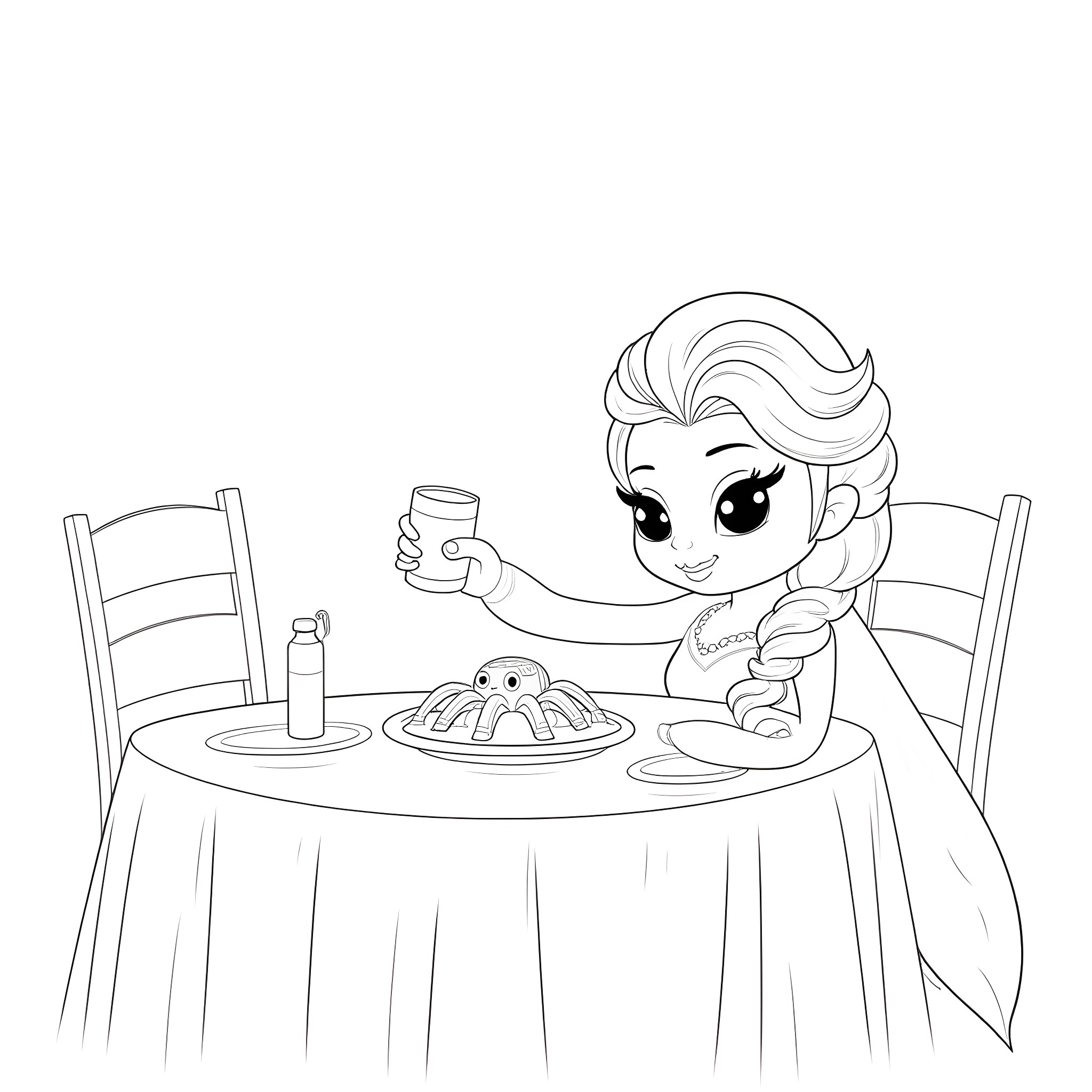 Ghost Enjoying Dessert at a Dining Table Coloring Page (free black-and-white line drawing printable PDF for all, from beginners to advanced learners, including children, teens, adults, and seniors)